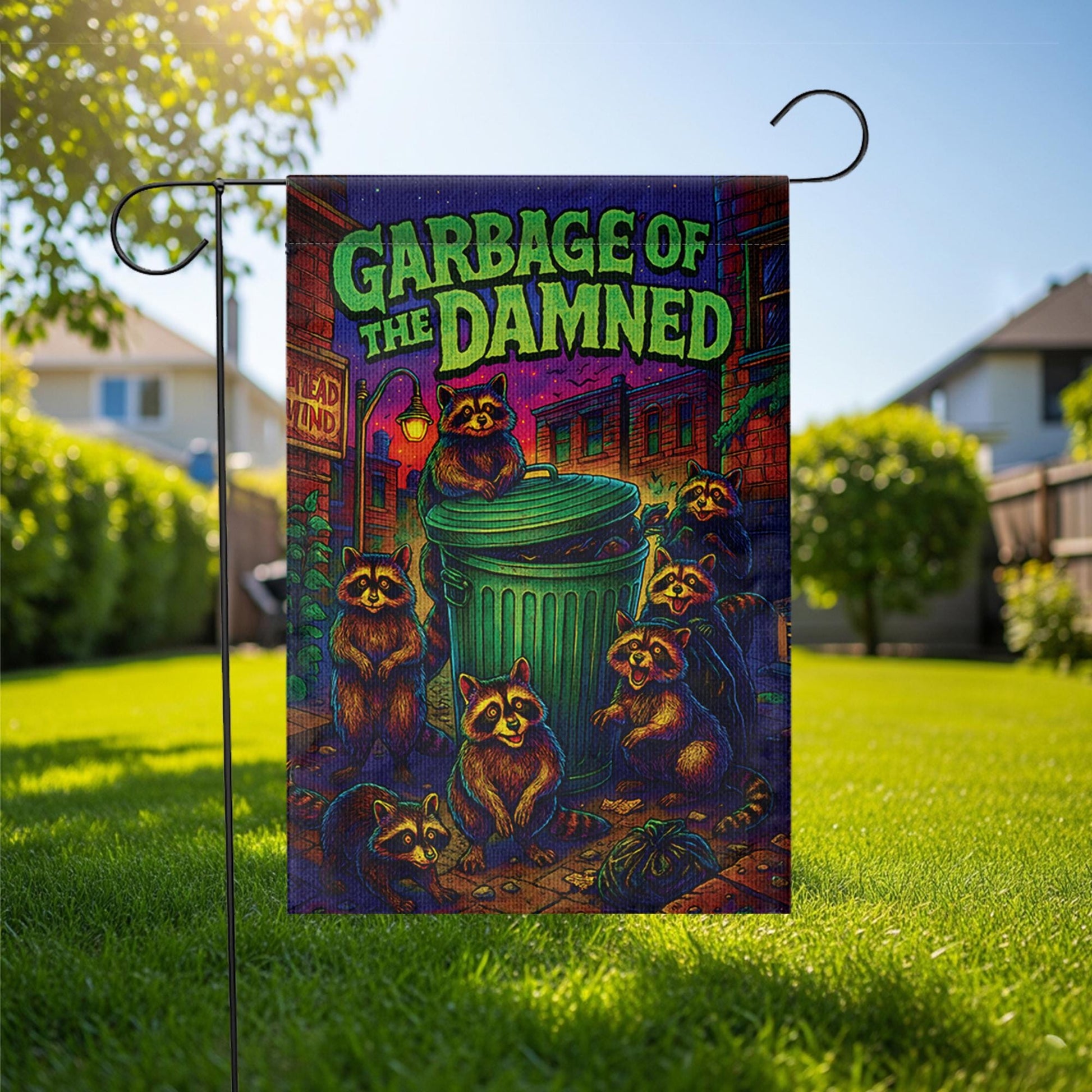 Garbage of the Damned Raccoon Flag, Funny Trash Panda Garden Decor, Spooky Gothic Halloween Sign, Psychedelic Horror Art, Housewarming Gift