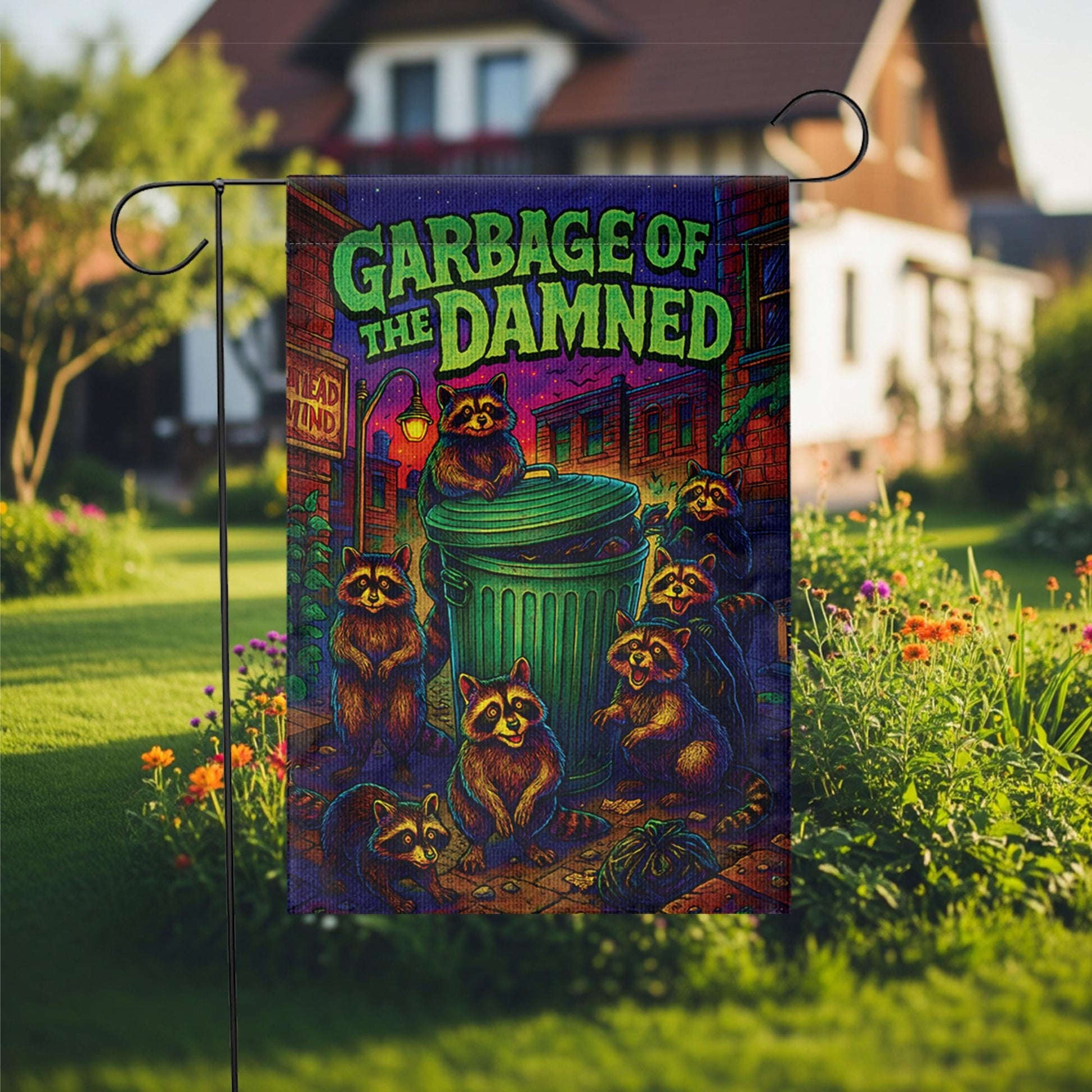 Garbage of the Damned Raccoon Flag, Funny Trash Panda Garden Decor, Spooky Gothic Halloween Sign, Psychedelic Horror Art, Housewarming Gift