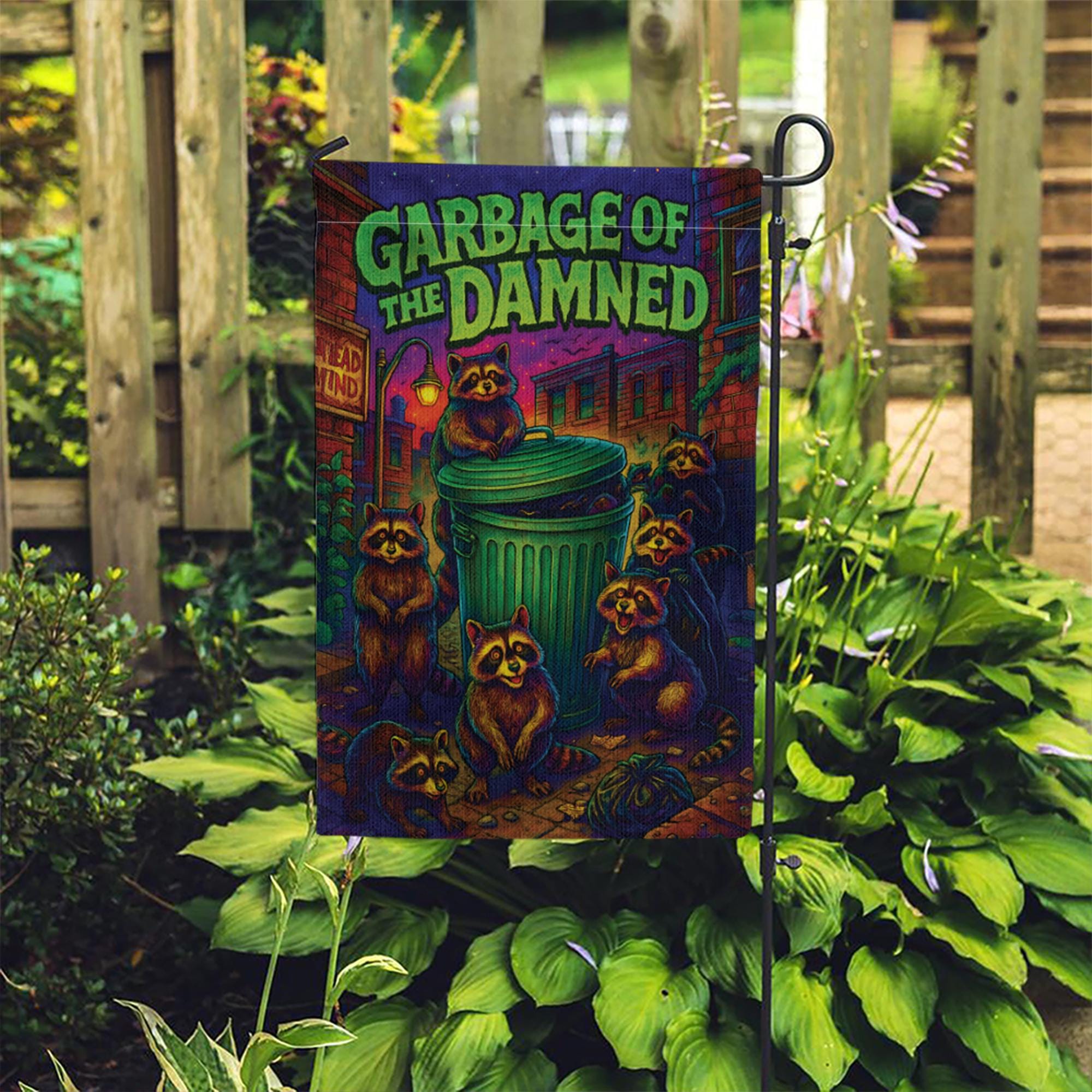 Garbage of the Damned Raccoon Flag, Funny Trash Panda Garden Decor, Spooky Gothic Halloween Sign, Psychedelic Horror Art, Housewarming Gift