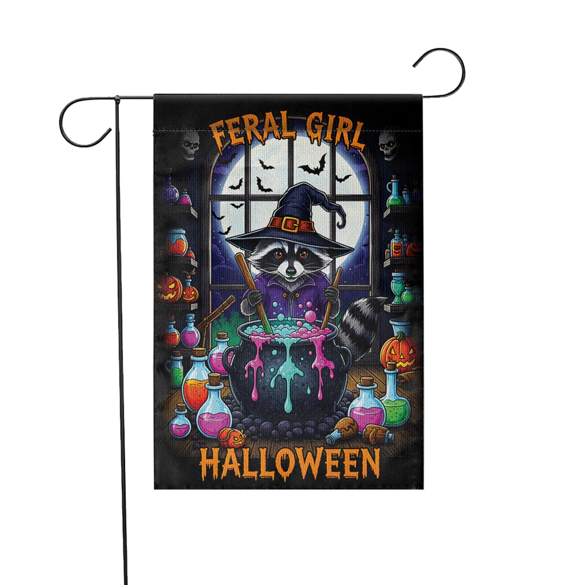 Feral Girl Halloween Raccoon Witch Garden Flag, Cute Spooky Yard Decor, Funny Witchy Cauldron Banner, Whimsical Animal Halloween Decor
