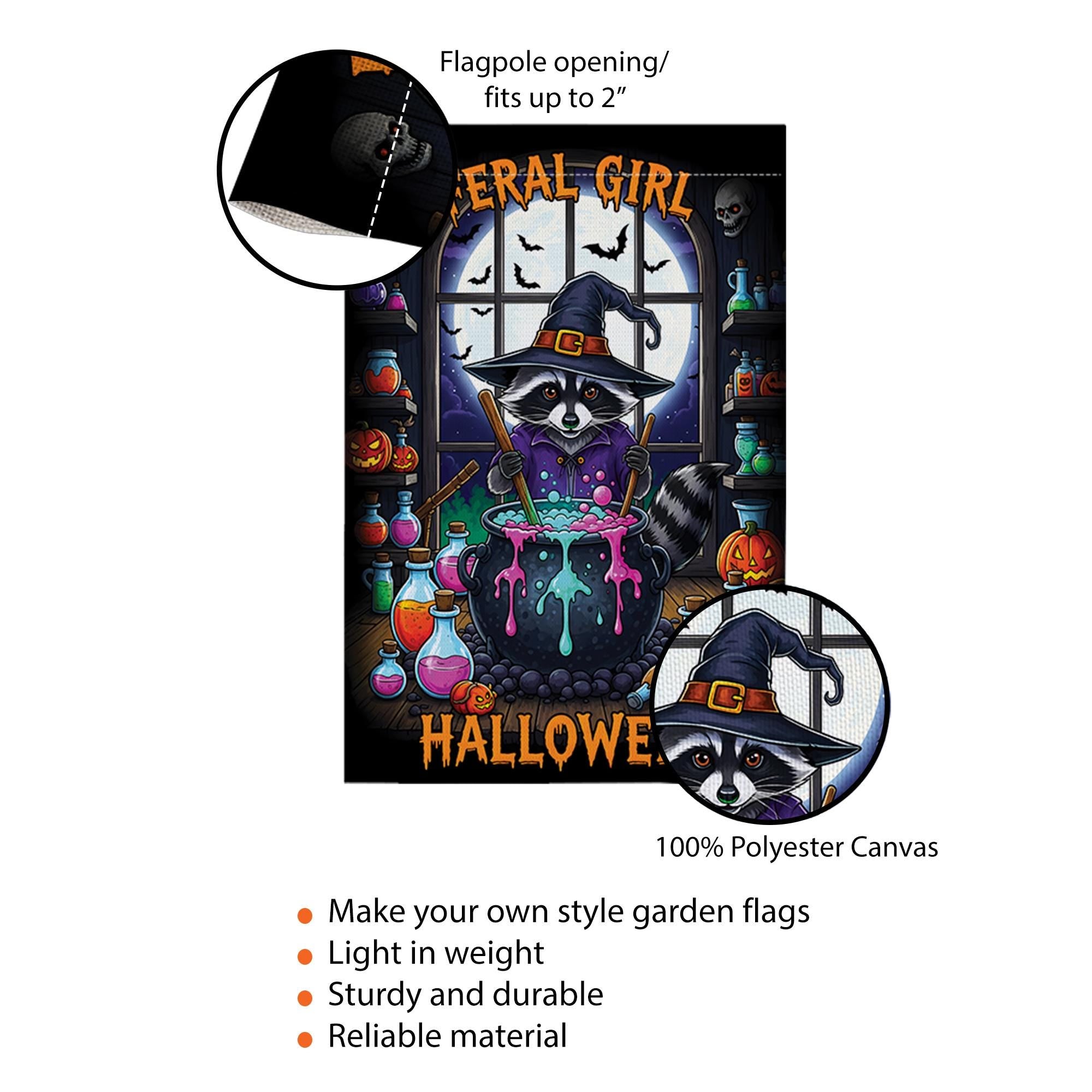 Feral Girl Halloween Raccoon Witch Garden Flag, Cute Spooky Yard Decor, Funny Witchy Cauldron Banner, Whimsical Animal Halloween Decor