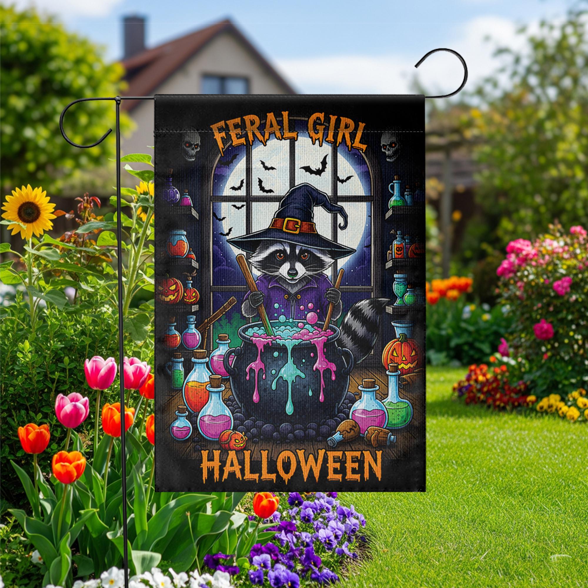 Feral Girl Halloween Raccoon Witch Garden Flag, Cute Spooky Yard Decor, Funny Witchy Cauldron Banner, Whimsical Animal Halloween Decor