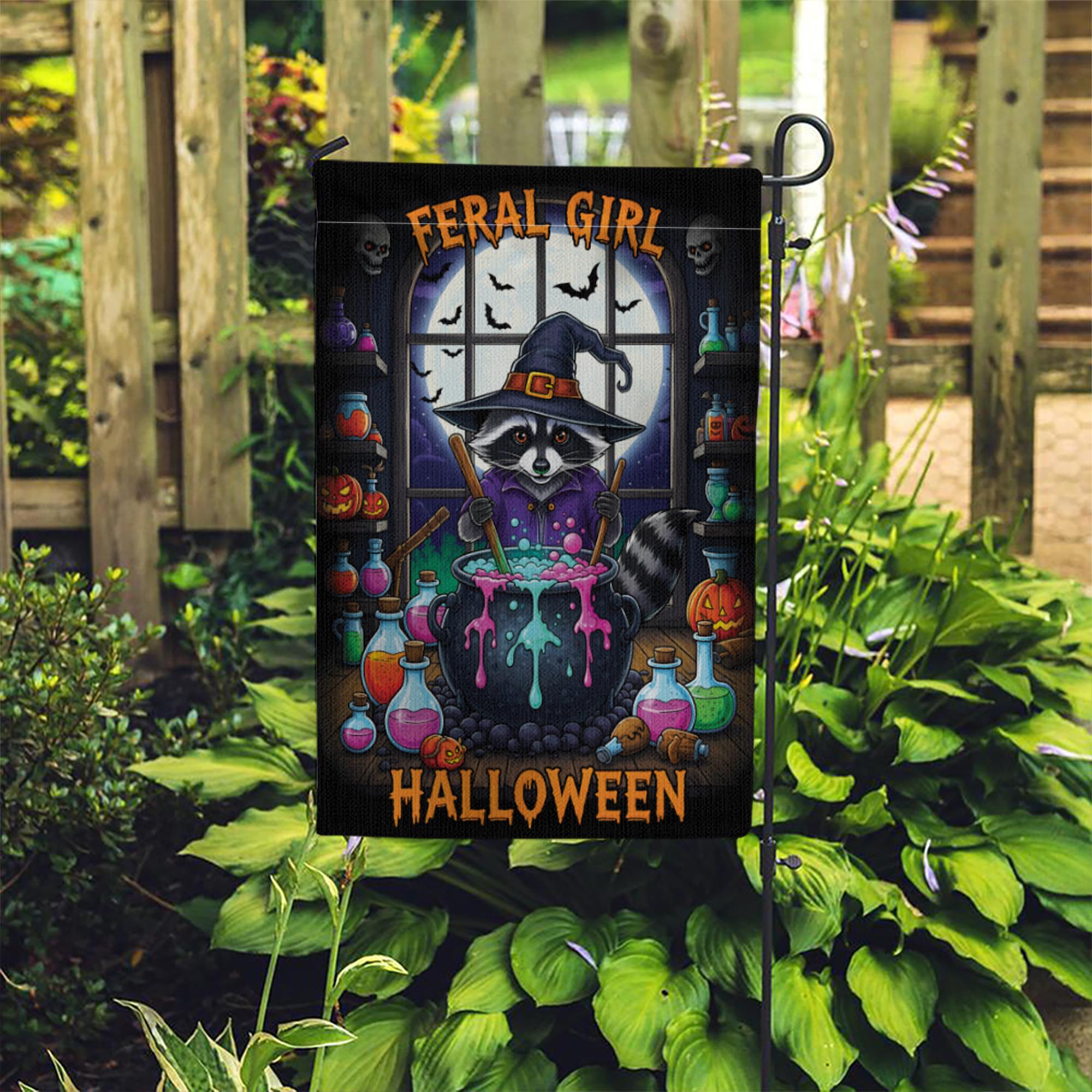 Feral Girl Halloween Raccoon Witch Garden Flag, Cute Spooky Yard Decor, Funny Witchy Cauldron Banner, Whimsical Animal Halloween Decor