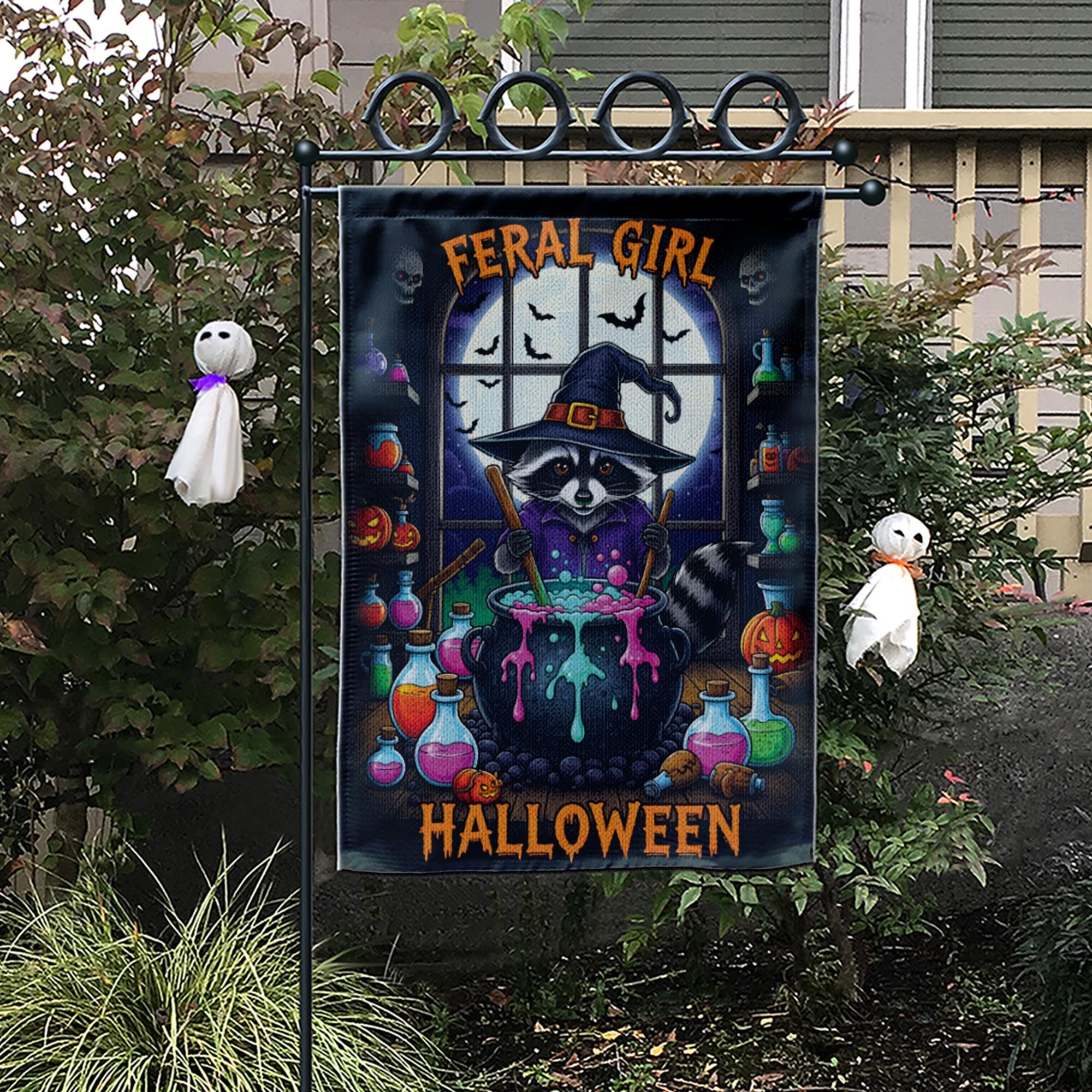 Feral Girl Halloween Raccoon Witch Garden Flag, Cute Spooky Yard Decor, Funny Witchy Cauldron Banner, Whimsical Animal Halloween Decor