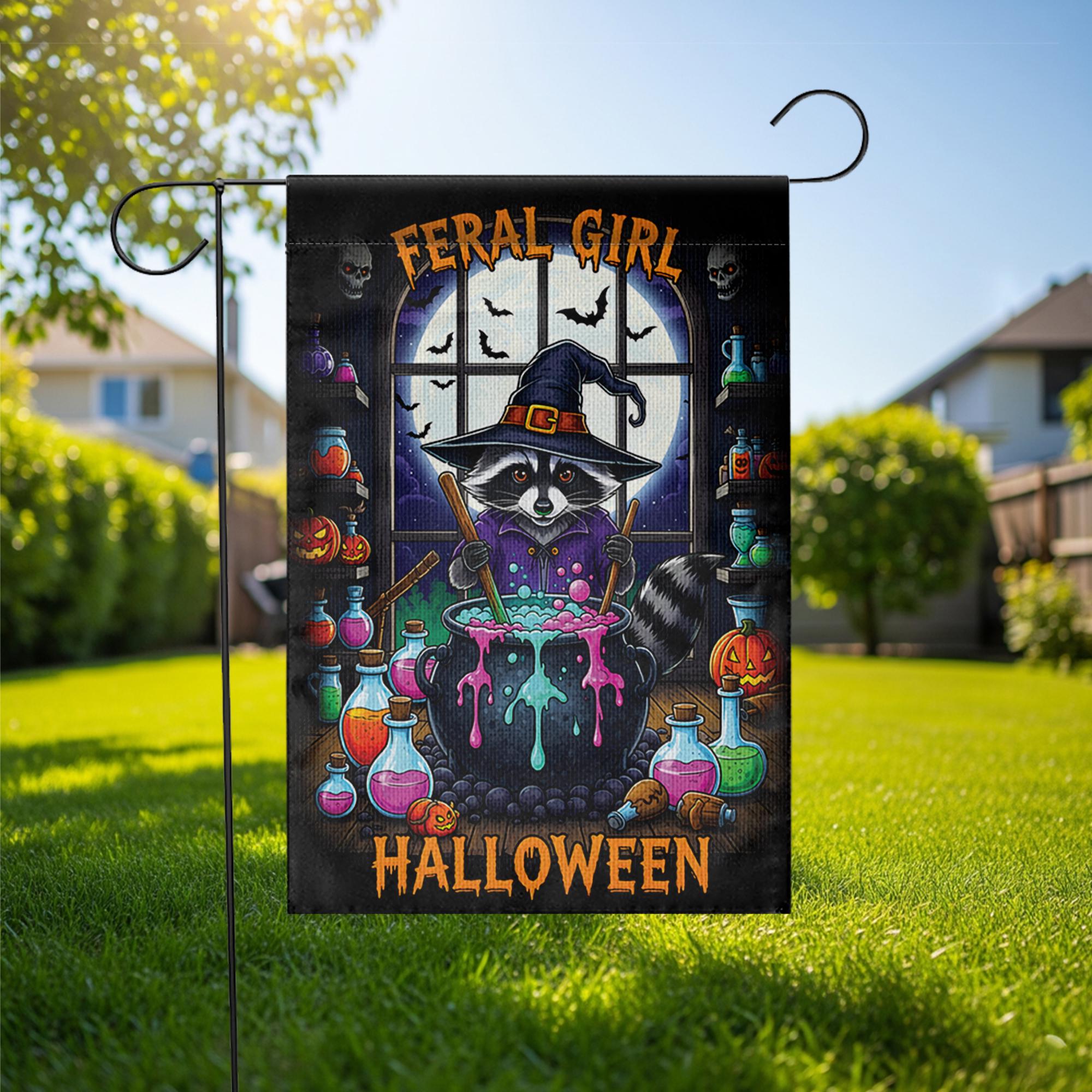 Feral Girl Halloween Raccoon Witch Garden Flag, Cute Spooky Yard Decor, Funny Witchy Cauldron Banner, Whimsical Animal Halloween Decor