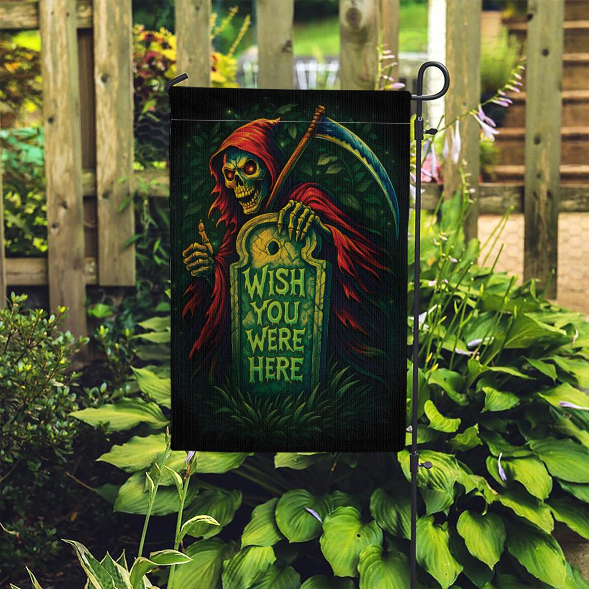Spooky Grim Reaper "Wish You Were Here" Flag, Funny Halloween Garden Decor, Gothic Tombstone Yard Art, Dark Humor Outdoor Banner