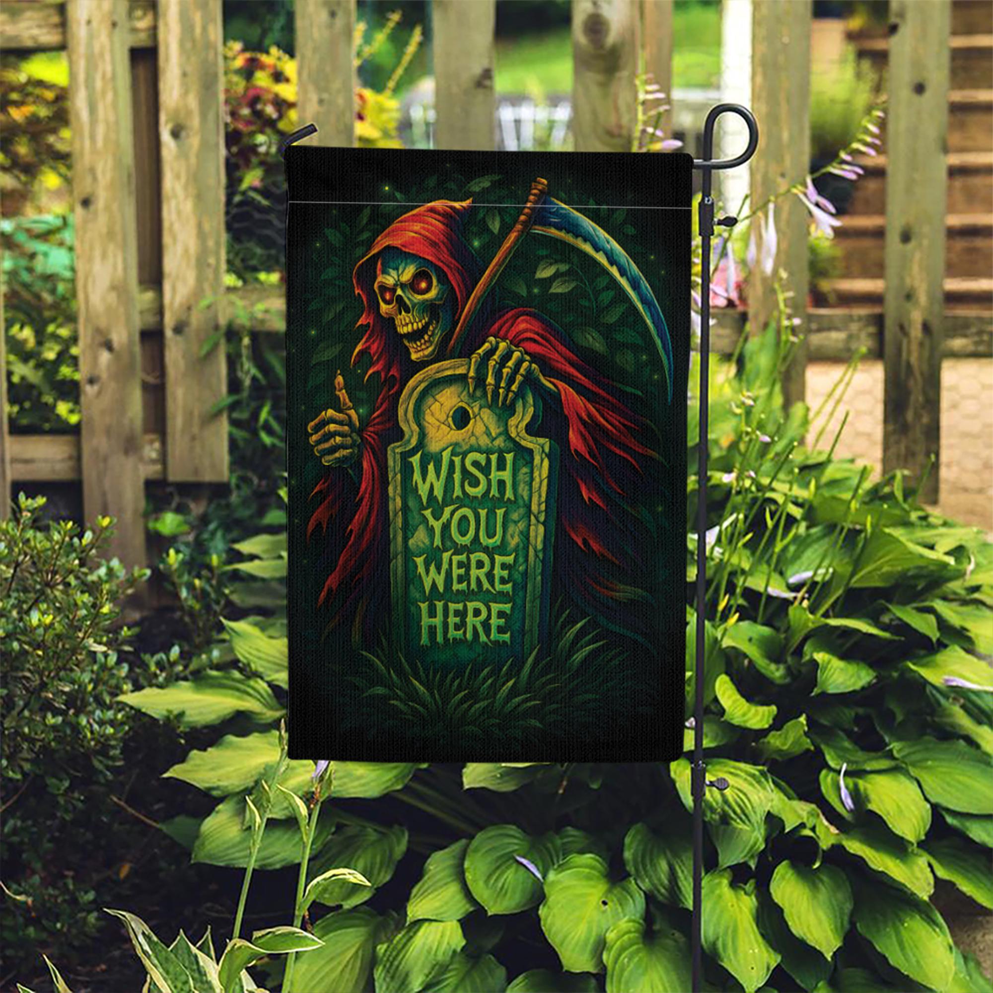 Spooky Grim Reaper "Wish You Were Here" Flag, Funny Halloween Garden Decor, Gothic Tombstone Yard Art, Dark Humor Outdoor Banner