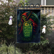 Spooky Grim Reaper "Wish You Were Here" Flag, Funny Halloween Garden Decor, Gothic Tombstone Yard Art, Dark Humor Outdoor Banner