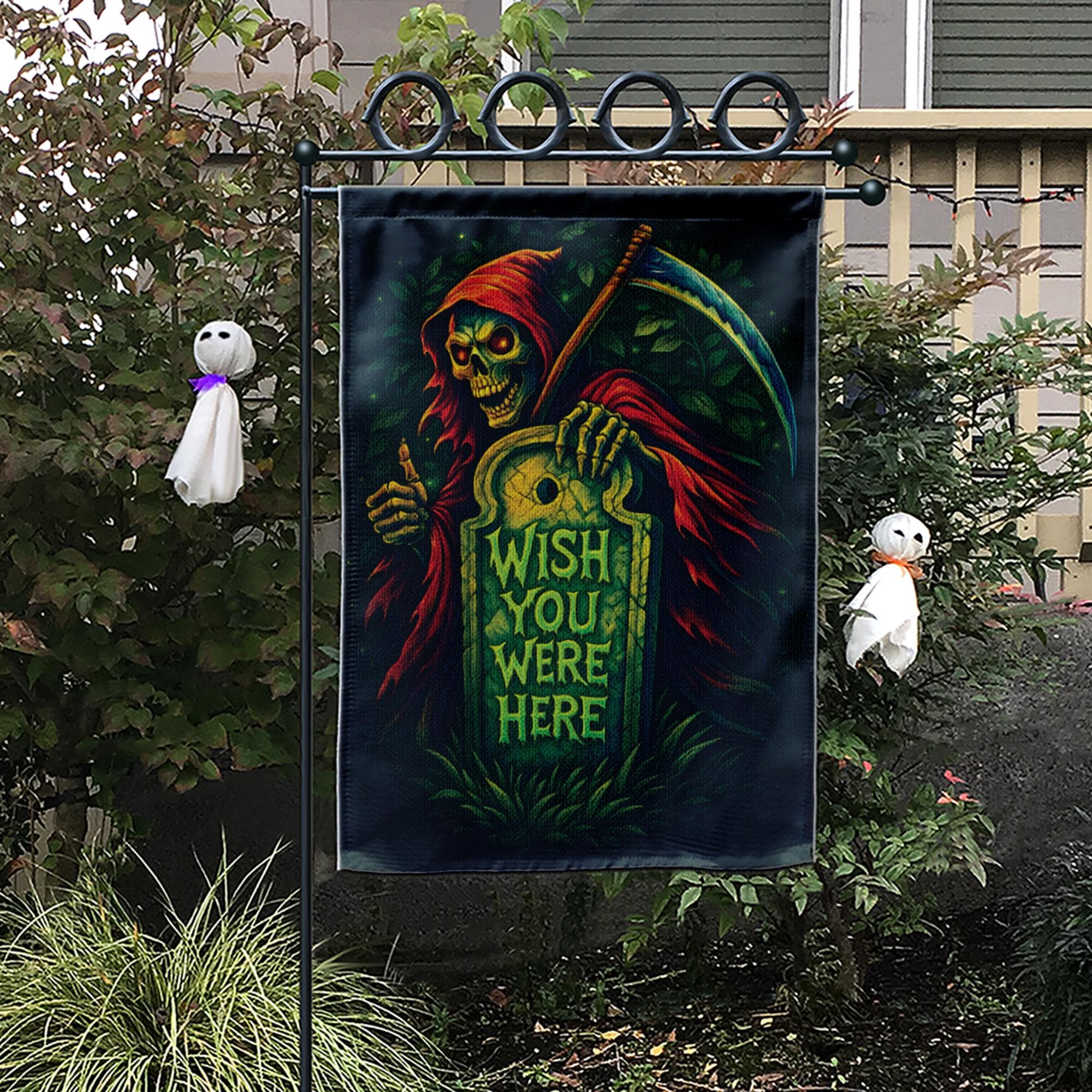 Spooky Grim Reaper "Wish You Were Here" Flag, Funny Halloween Garden Decor, Gothic Tombstone Yard Art, Dark Humor Outdoor Banner