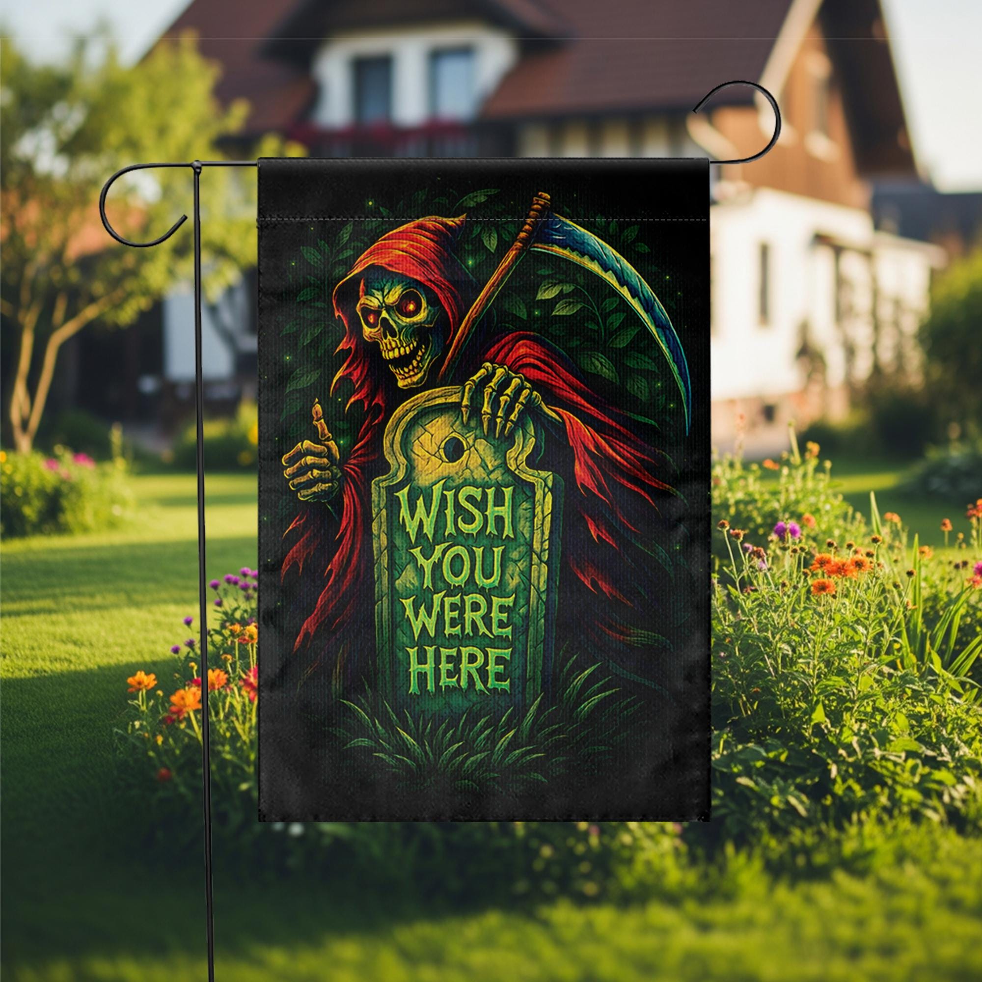 Spooky Grim Reaper "Wish You Were Here" Flag, Funny Halloween Garden Decor, Gothic Tombstone Yard Art, Dark Humor Outdoor Banner