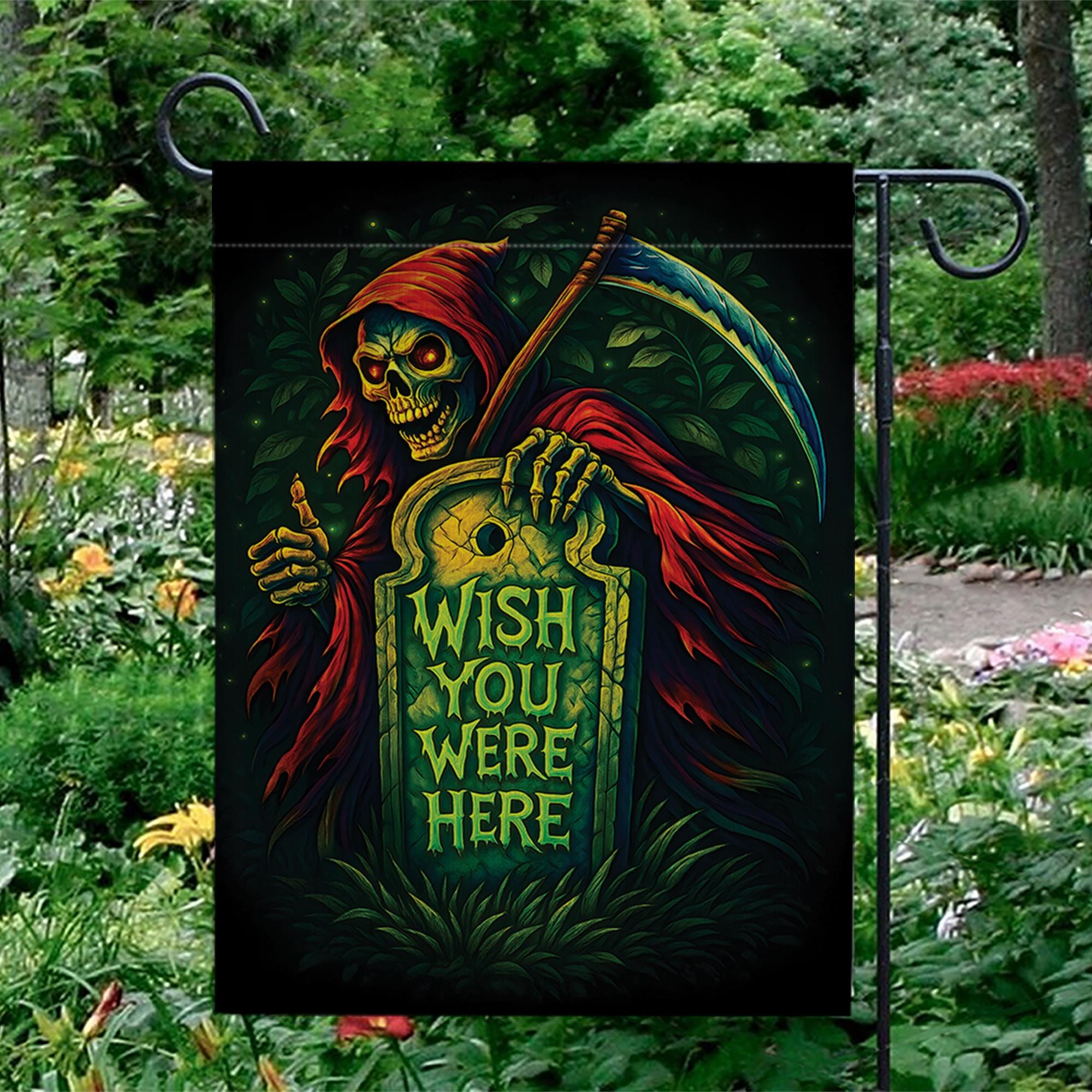 Spooky Grim Reaper "Wish You Were Here" Flag, Funny Halloween Garden Decor, Gothic Tombstone Yard Art, Dark Humor Outdoor Banner