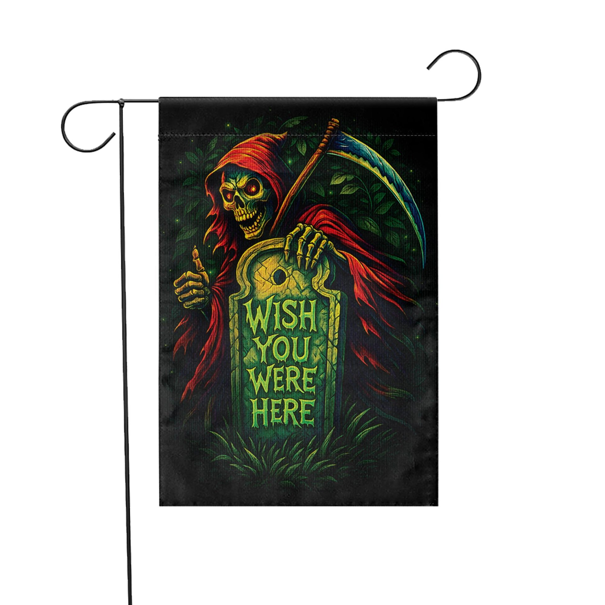 Spooky Grim Reaper "Wish You Were Here" Flag, Funny Halloween Garden Decor, Gothic Tombstone Yard Art, Dark Humor Outdoor Banner