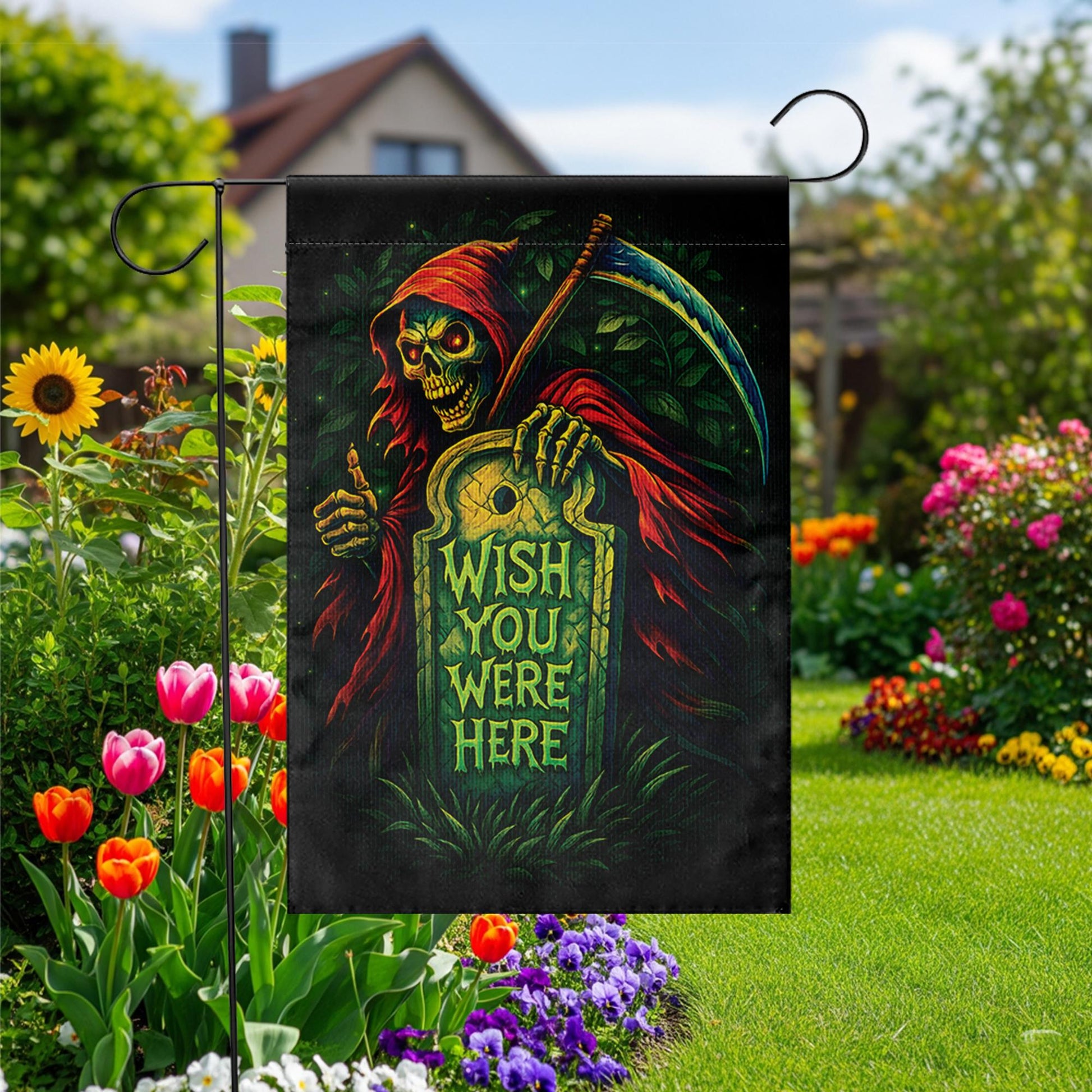 Spooky Grim Reaper "Wish You Were Here" Flag, Funny Halloween Garden Decor, Gothic Tombstone Yard Art, Dark Humor Outdoor Banner