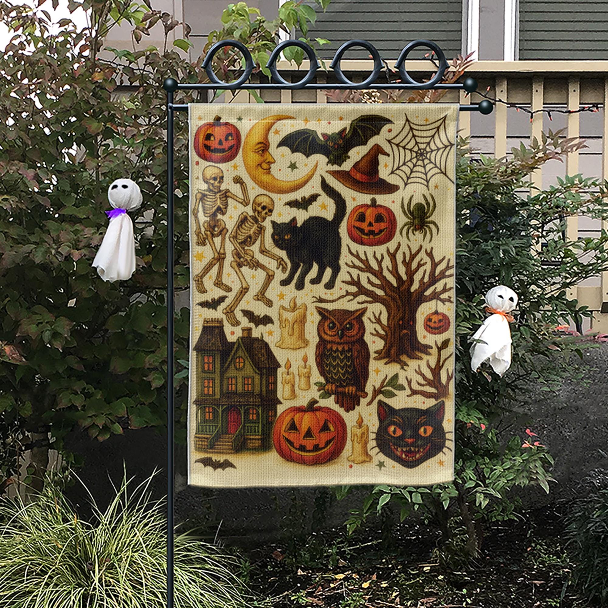 Spooky Vintage Halloween Garden Flag, Retro Black Cat & Skeleton Yard Decor, Witchy Pumpkin Haunted House Porch Sign, Fall Outdoor Banner
