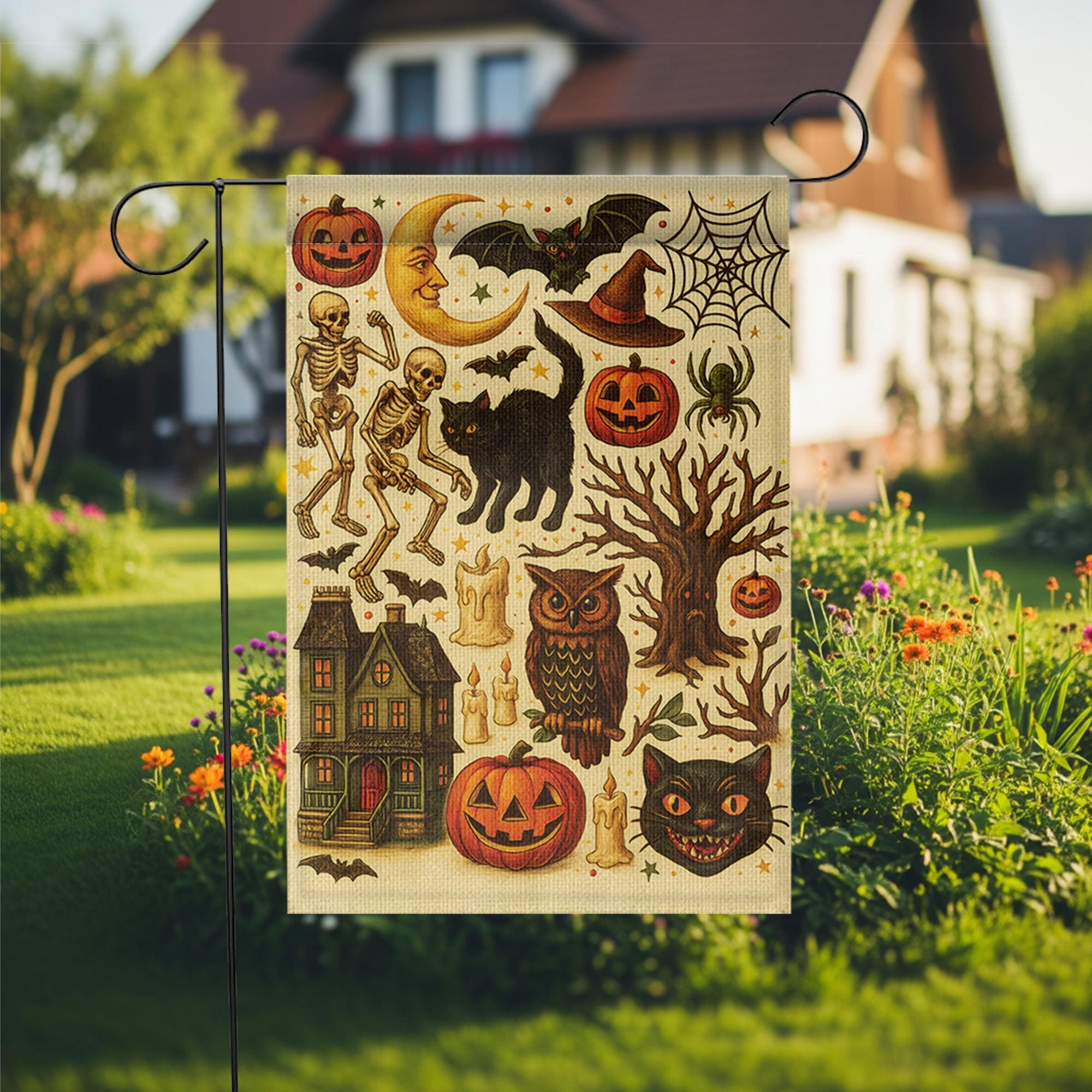 Spooky Vintage Halloween Garden Flag, Retro Black Cat & Skeleton Yard Decor, Witchy Pumpkin Haunted House Porch Sign, Fall Outdoor Banner