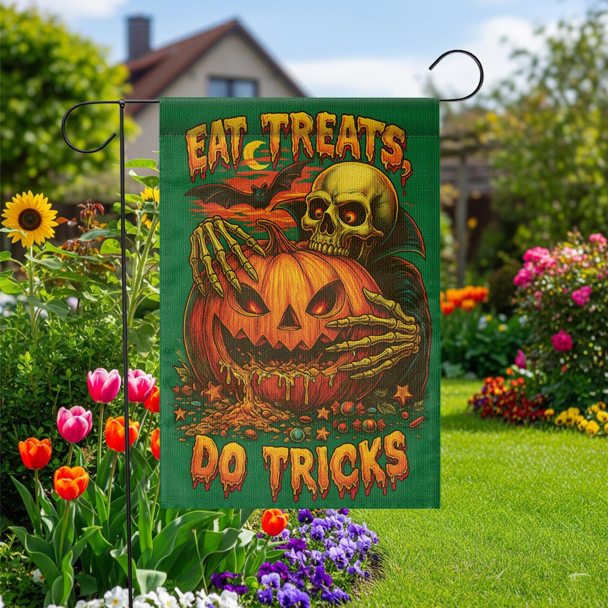 Spooky Halloween Flag, Eat Treats Do Tricks Garden Flag, Vintage Skeleton Pumpkin Decor, Retro Horror Yard Art, Outdoor Halloween Decor