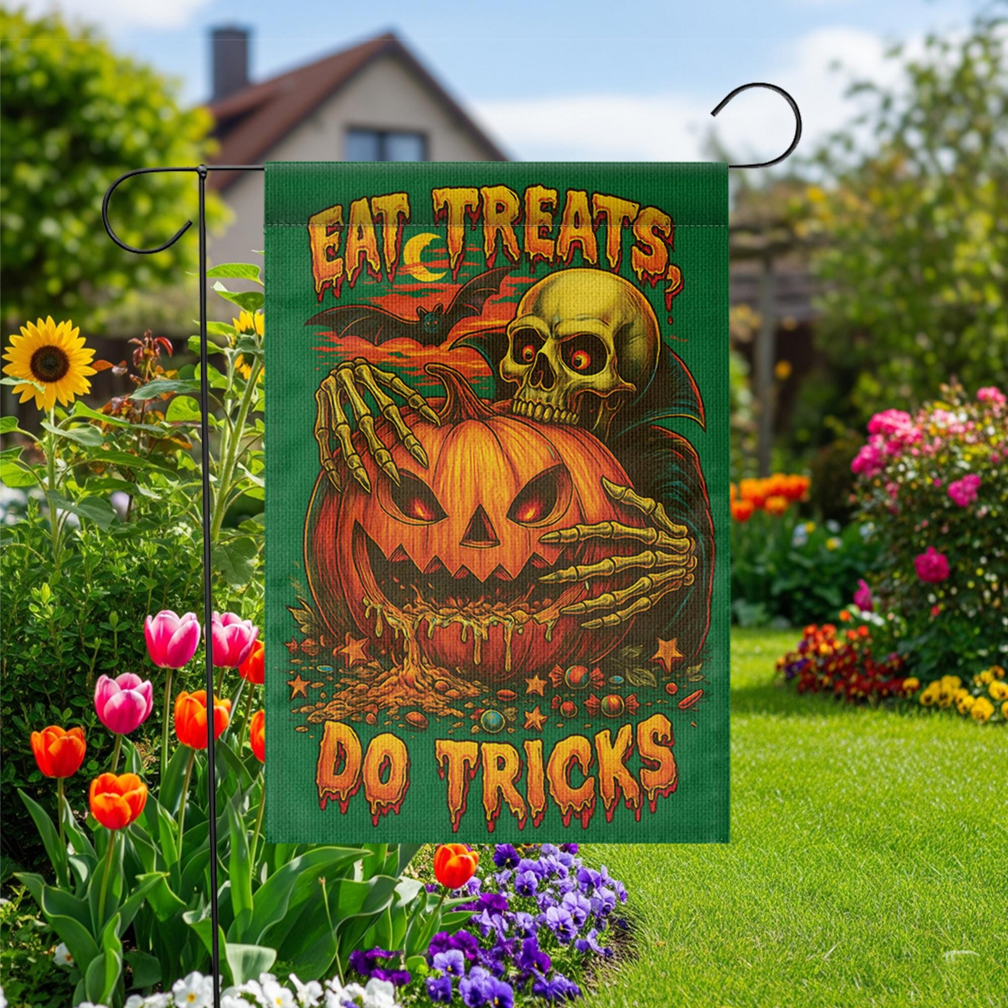 Spooky Halloween Flag, Eat Treats Do Tricks Garden Flag, Vintage Skeleton Pumpkin Decor, Retro Horror Yard Art, Outdoor Halloween Decor