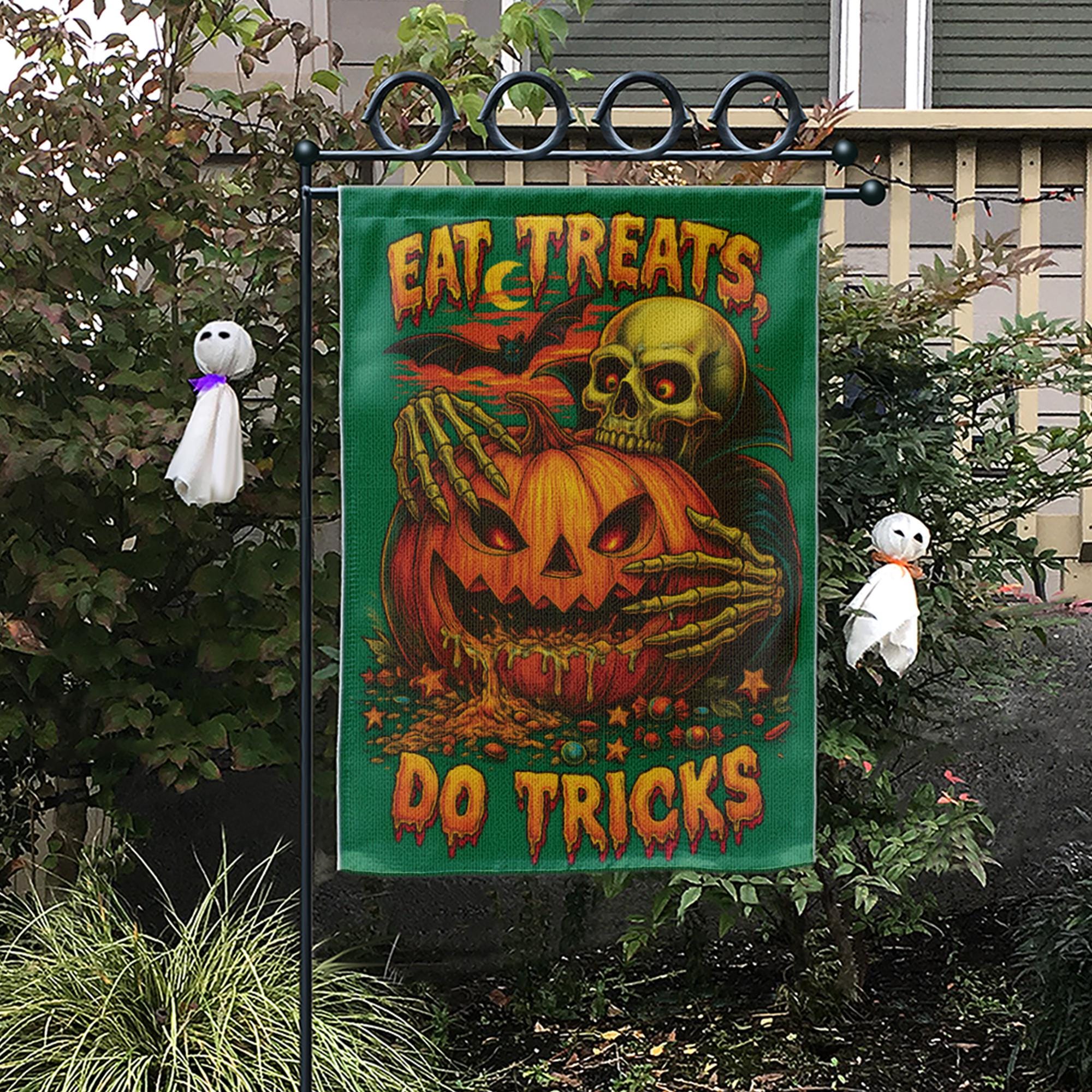 Spooky Halloween Flag, Eat Treats Do Tricks Garden Flag, Vintage Skeleton Pumpkin Decor, Retro Horror Yard Art, Outdoor Halloween Decor