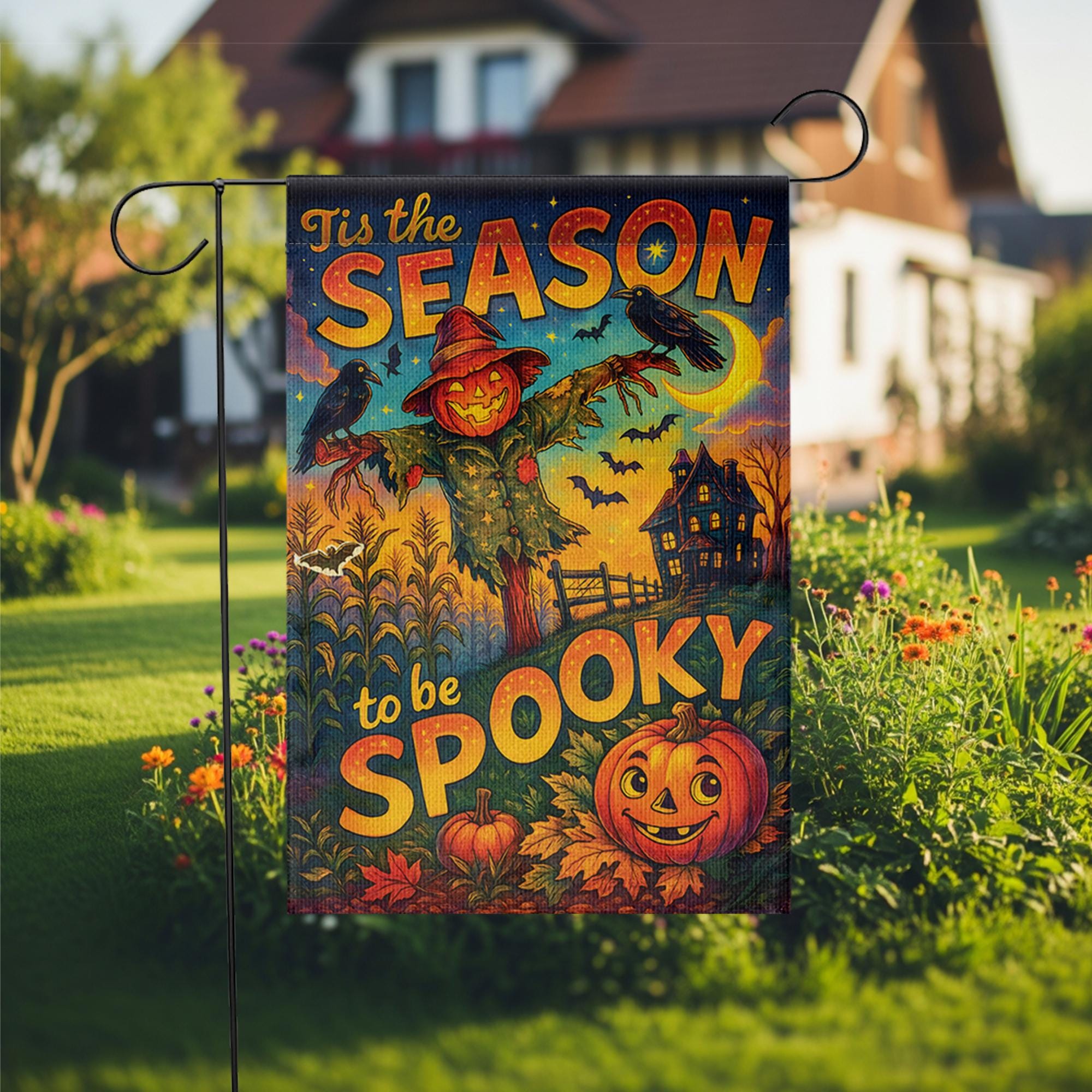 Tis the Season to be Spooky Flag, Vintage Halloween Garden Flag with Scarecrow & Pumpkin, Retro Haunted House Outdoor Yard Decor Sign