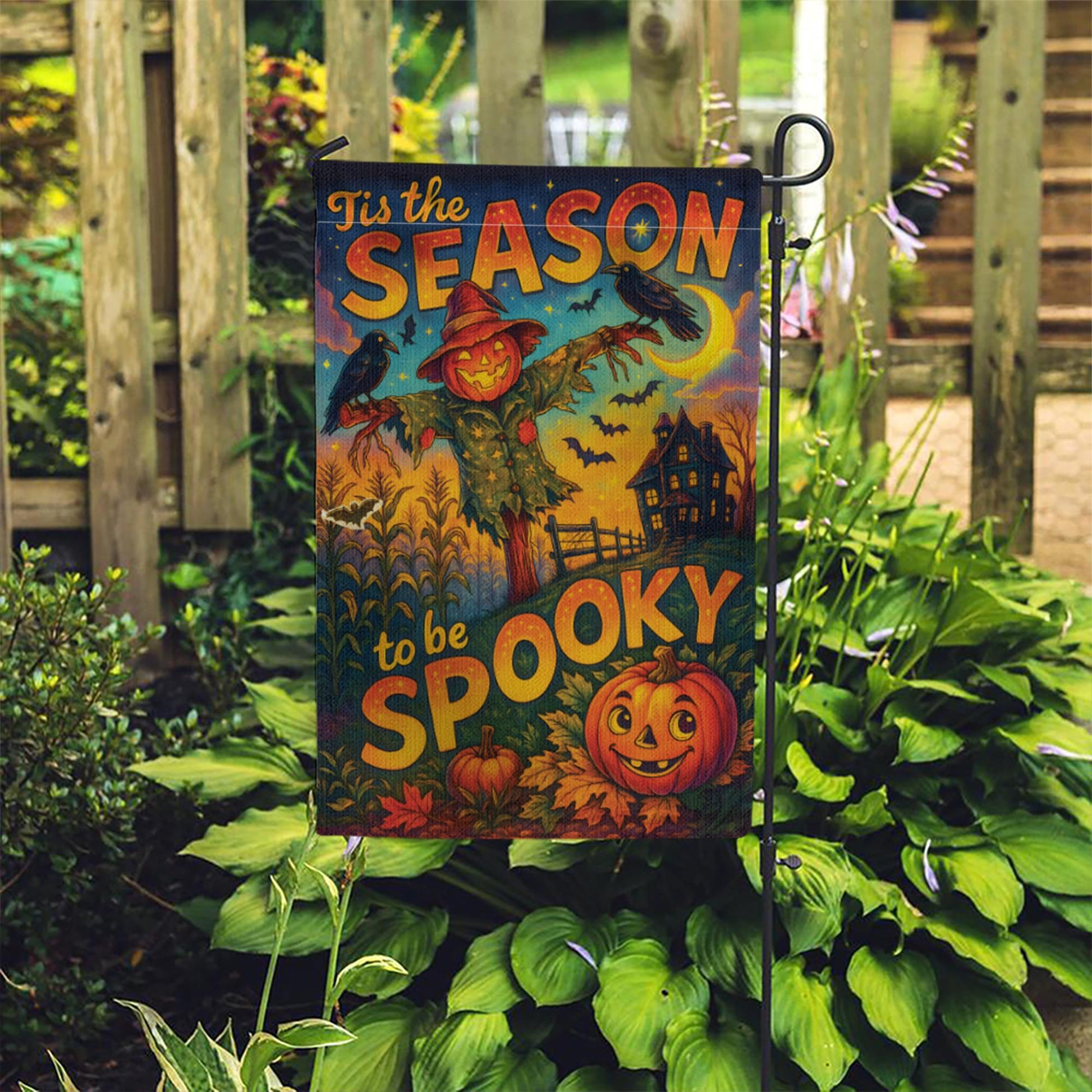 Tis the Season to be Spooky Flag, Vintage Halloween Garden Flag with Scarecrow & Pumpkin, Retro Haunted House Outdoor Yard Decor Sign