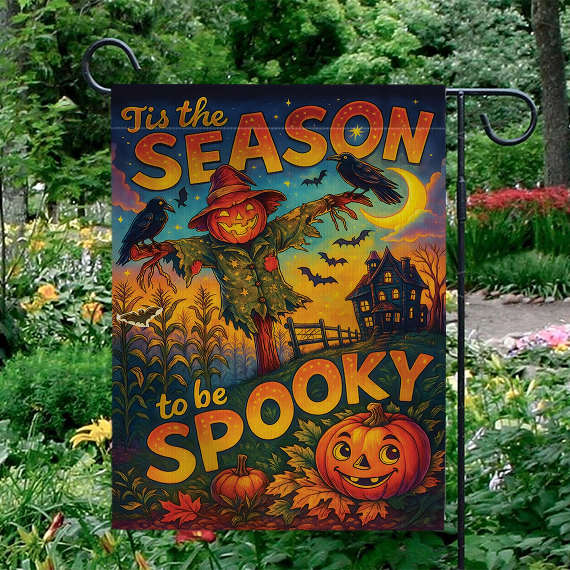 Tis the Season to be Spooky Flag, Vintage Halloween Garden Flag with Scarecrow & Pumpkin, Retro Haunted House Outdoor Yard Decor Sign