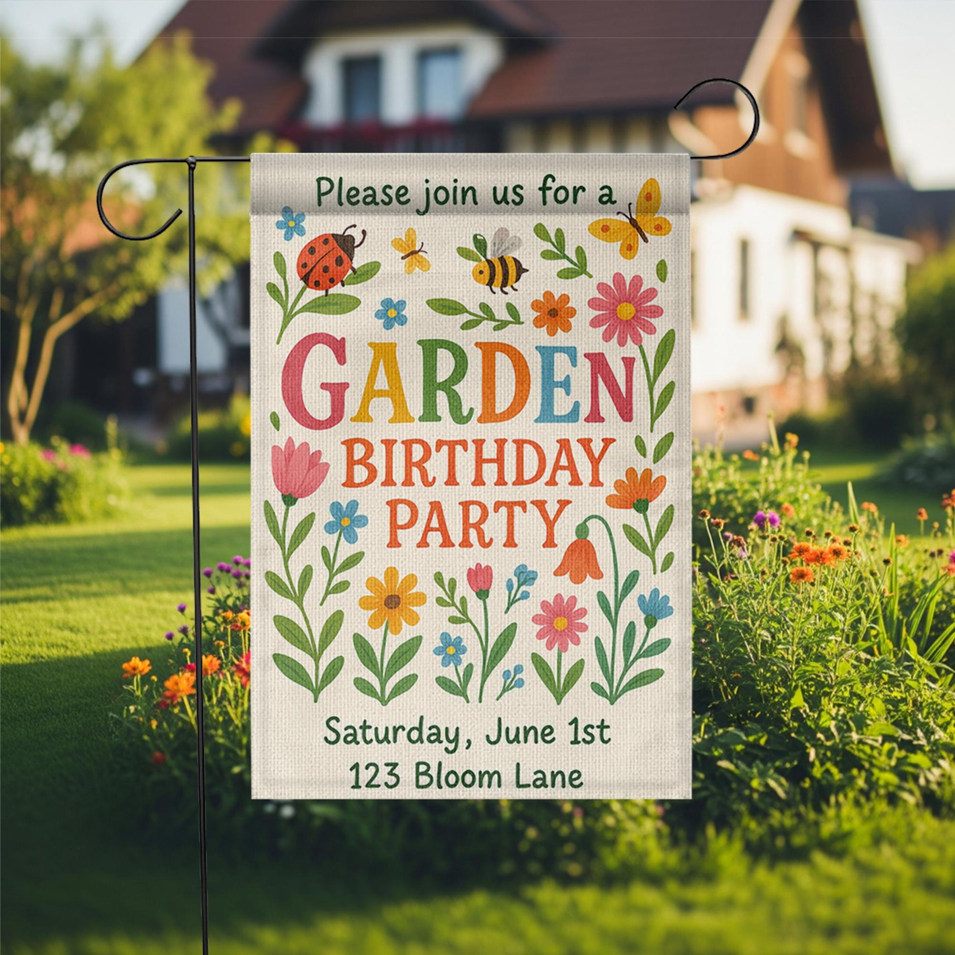 Personalized Garden Birthday Flag, Custom Welcome Yard Sign for Party, Outdoor Floral Decor, Spring Summer Celebration Banner for Kids