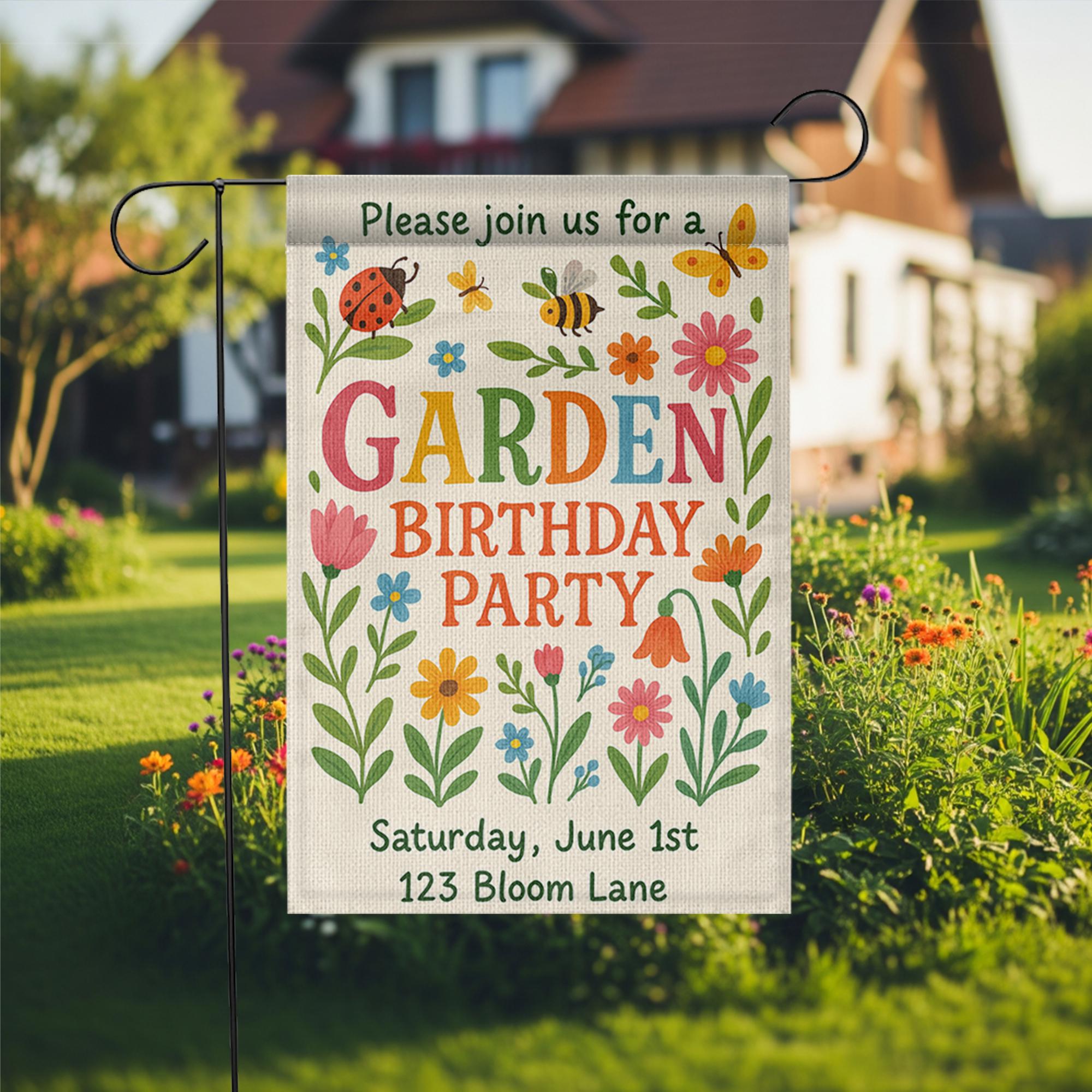 Personalized Garden Birthday Flag, Custom Welcome Yard Sign for Party, Outdoor Floral Decor, Spring Summer Celebration Banner for Kids