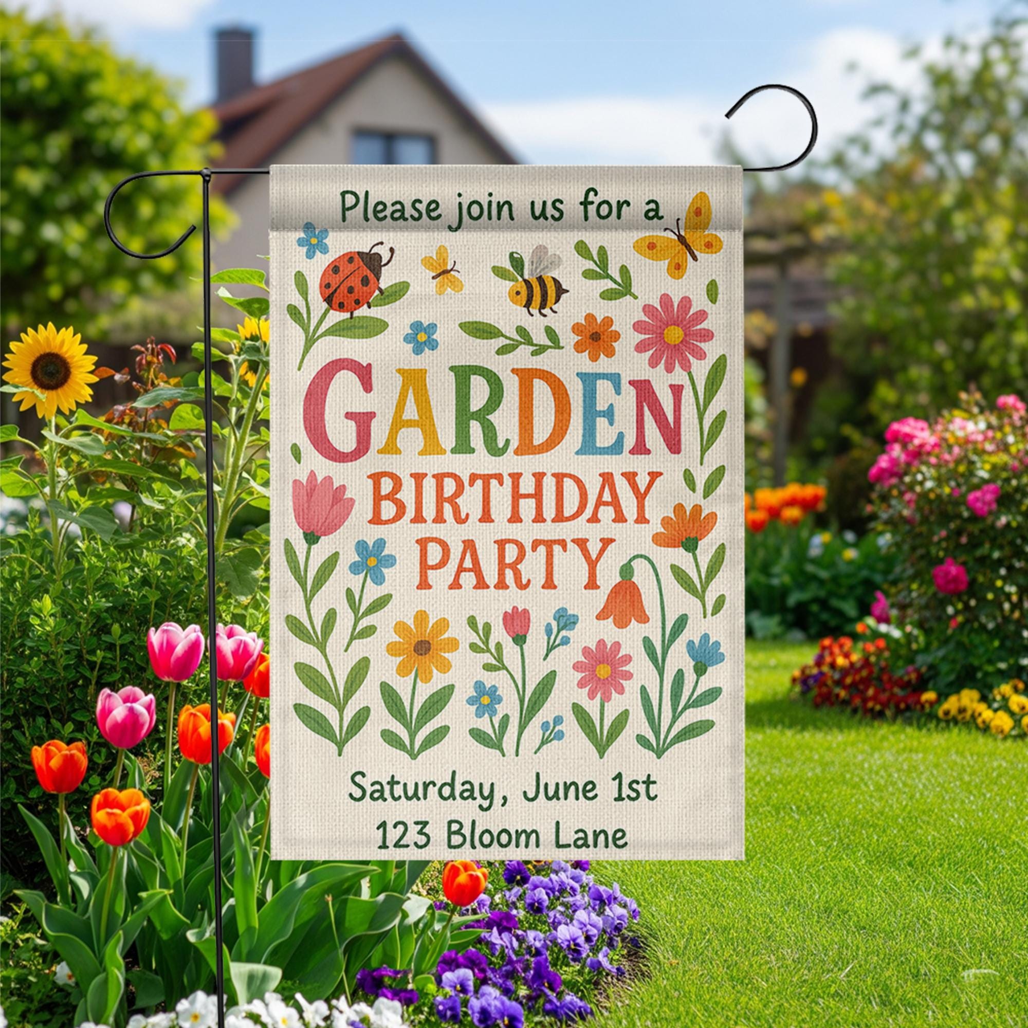 Personalized Garden Birthday Flag, Custom Welcome Yard Sign for Party, Outdoor Floral Decor, Spring Summer Celebration Banner for Kids