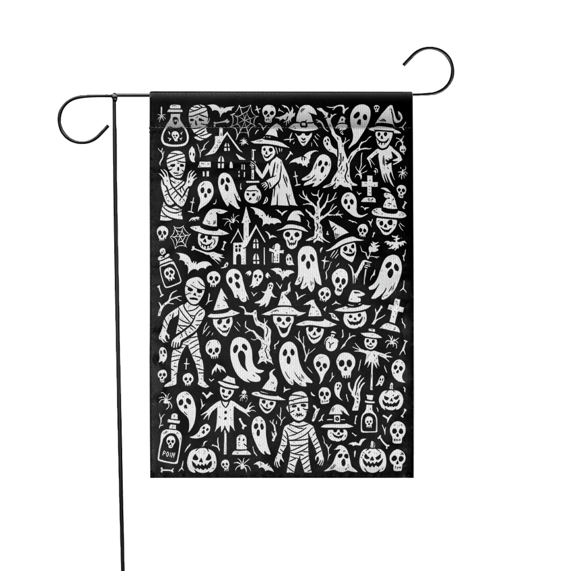 Doodle Halloween Garden Flag, Black & White Spooky Yard Decor, Whimsical Ghost Mummy Witch Art, Outdoor Goth Porch Flag Decoration