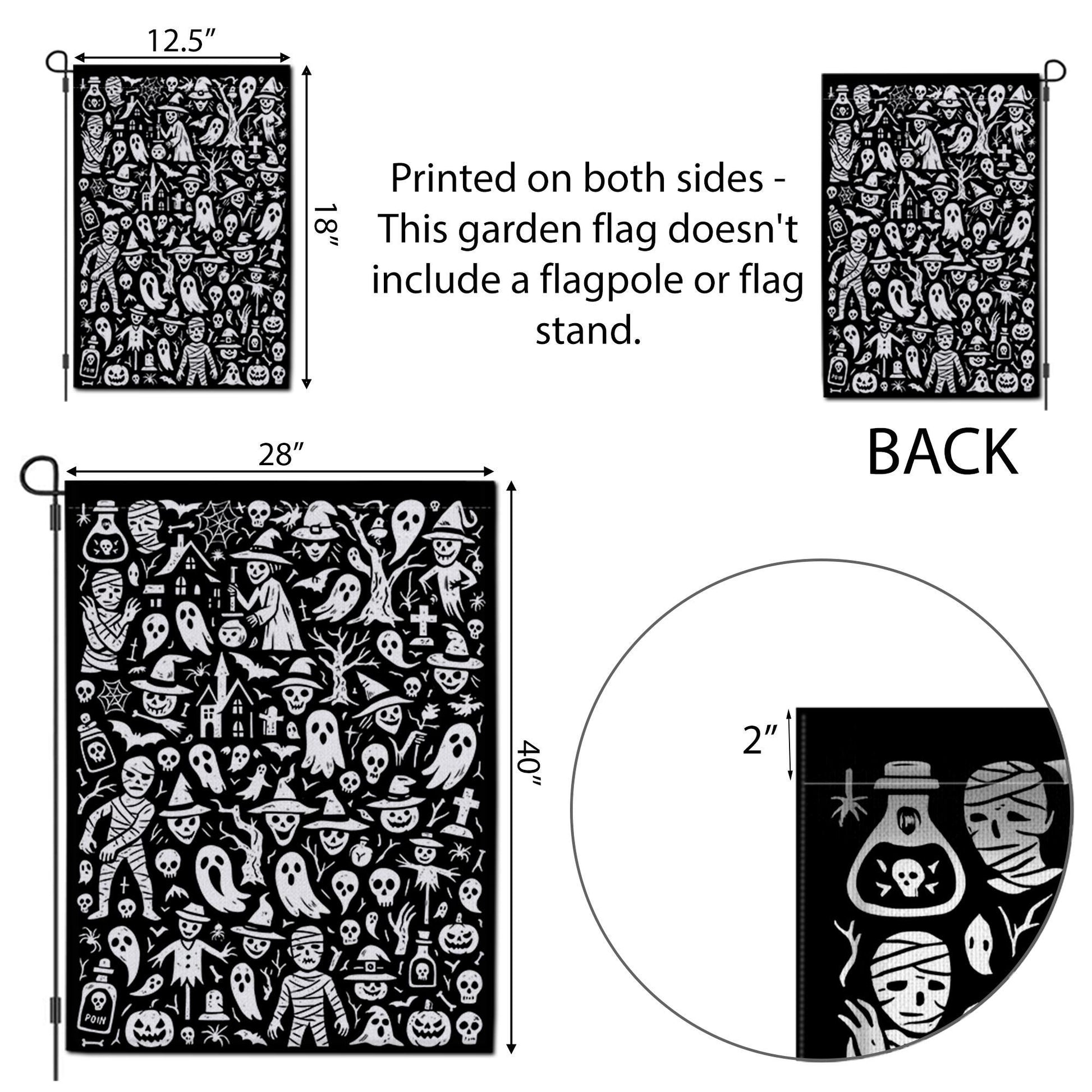Doodle Halloween Garden Flag, Black & White Spooky Yard Decor, Whimsical Ghost Mummy Witch Art, Outdoor Goth Porch Flag Decoration