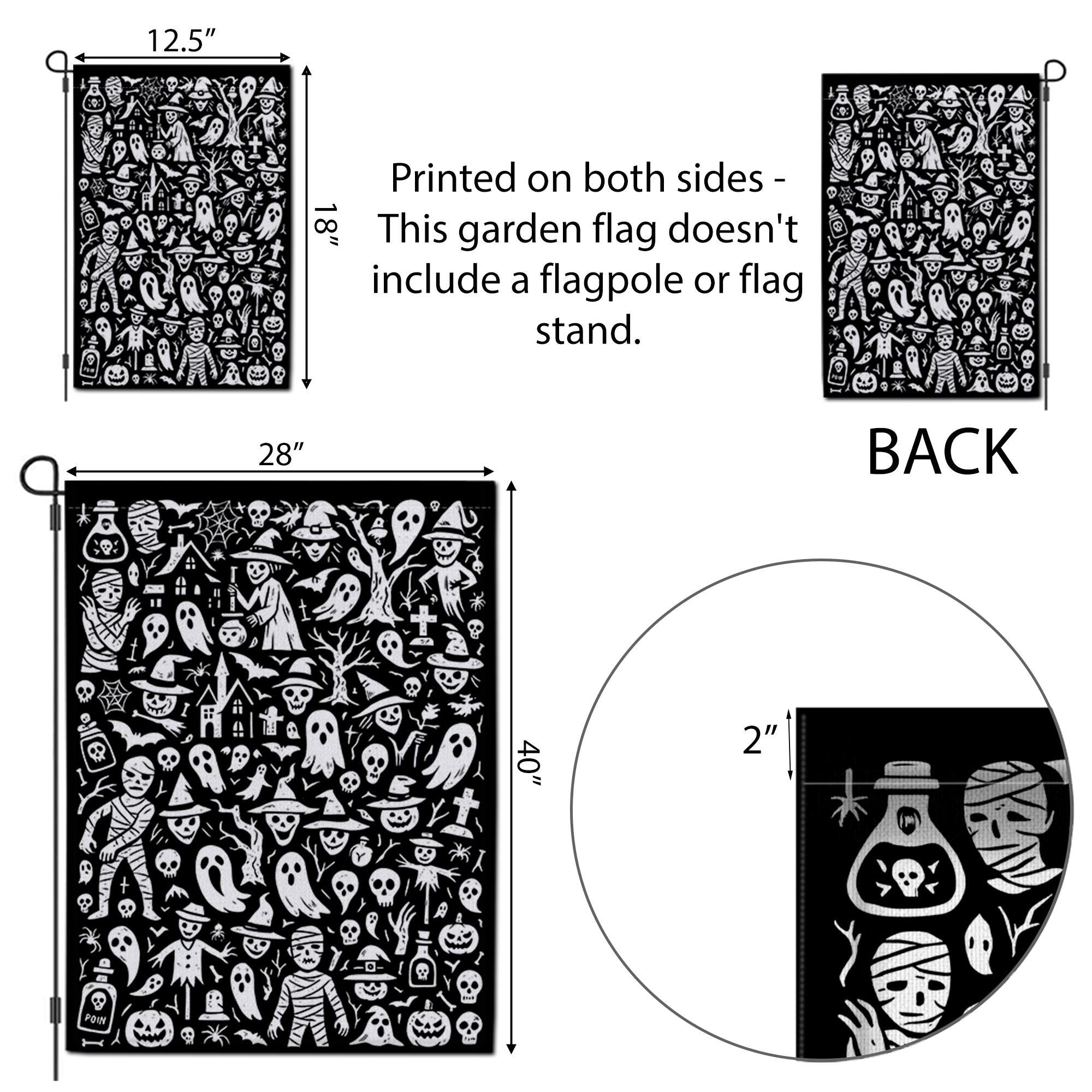 Doodle Halloween Garden Flag, Black & White Spooky Yard Decor, Whimsical Ghost Mummy Witch Art, Outdoor Goth Porch Flag Decoration
