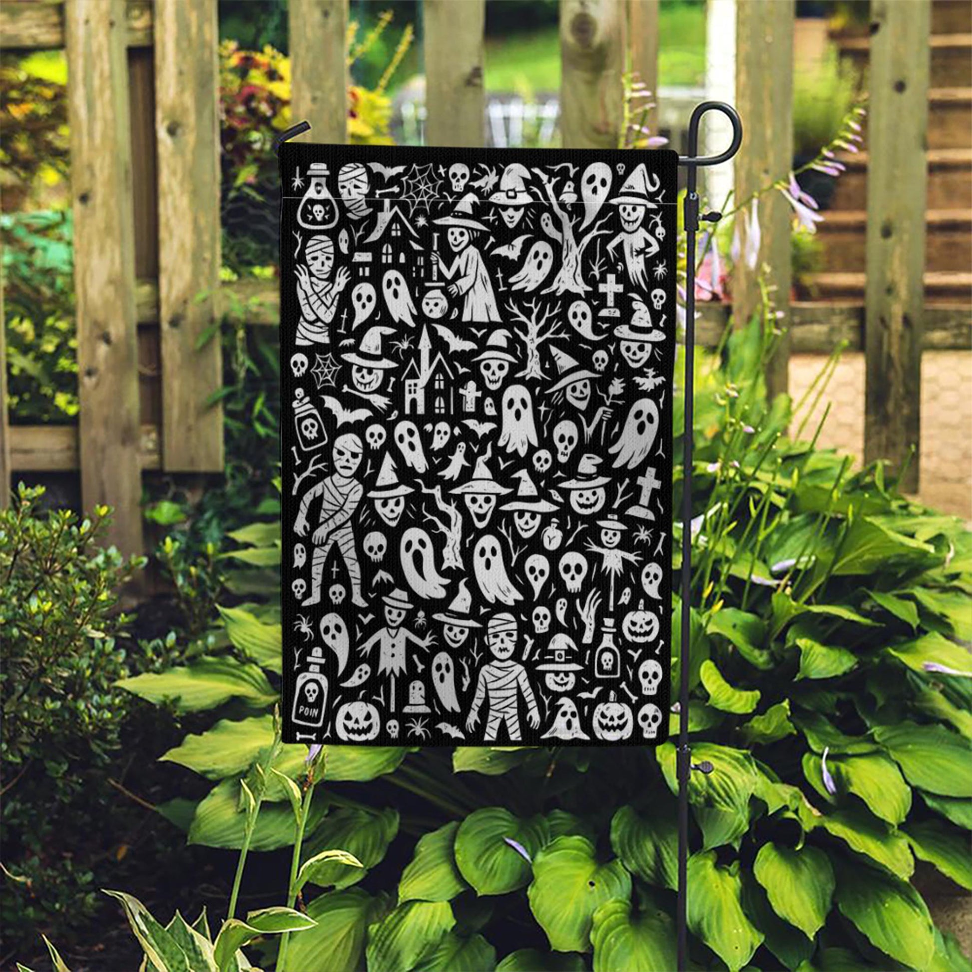 Doodle Halloween Garden Flag, Black & White Spooky Yard Decor, Whimsical Ghost Mummy Witch Art, Outdoor Goth Porch Flag Decoration