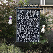 Doodle Halloween Garden Flag, Black & White Spooky Yard Decor, Whimsical Ghost Mummy Witch Art, Outdoor Goth Porch Flag Decoration
