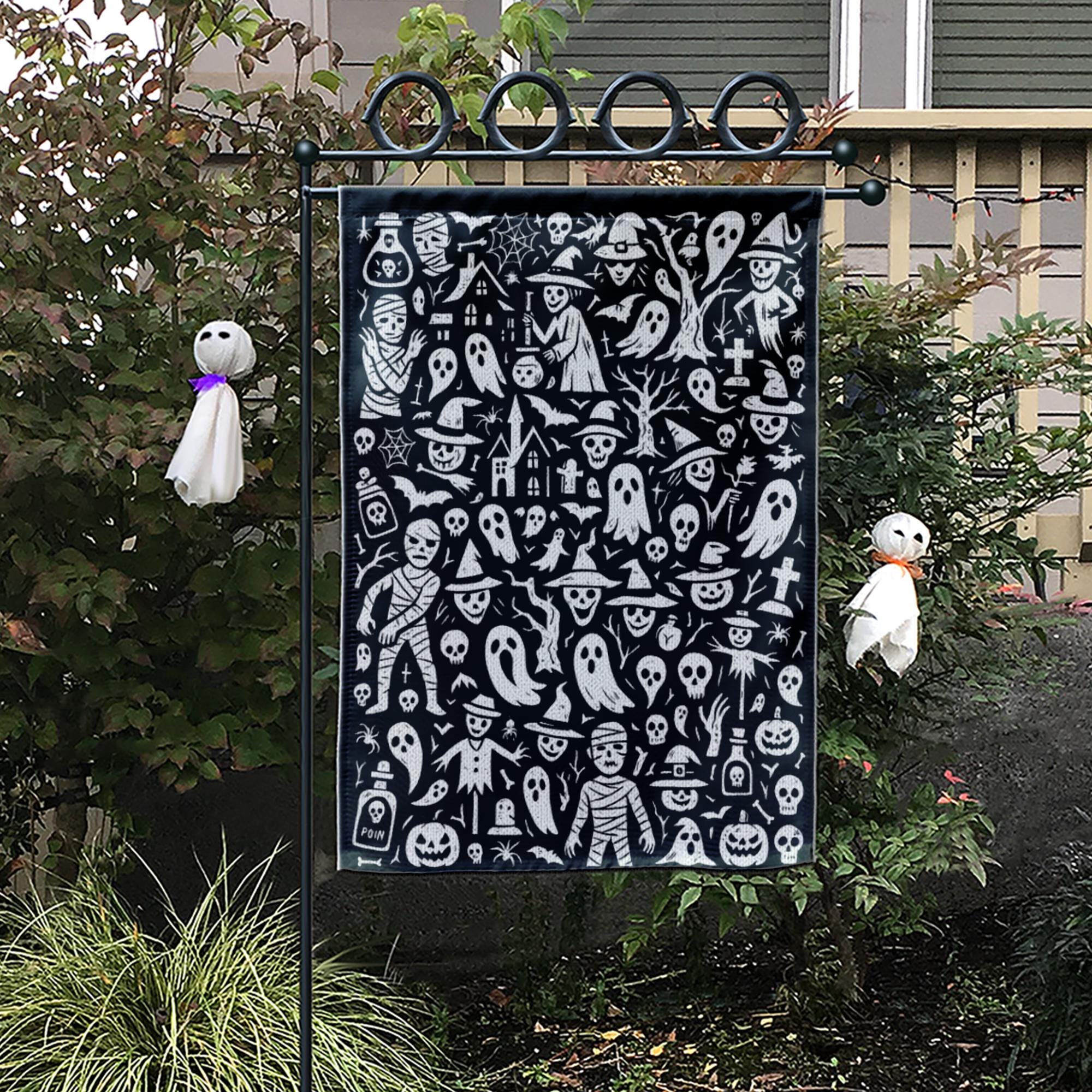 Doodle Halloween Garden Flag, Black & White Spooky Yard Decor, Whimsical Ghost Mummy Witch Art, Outdoor Goth Porch Flag Decoration