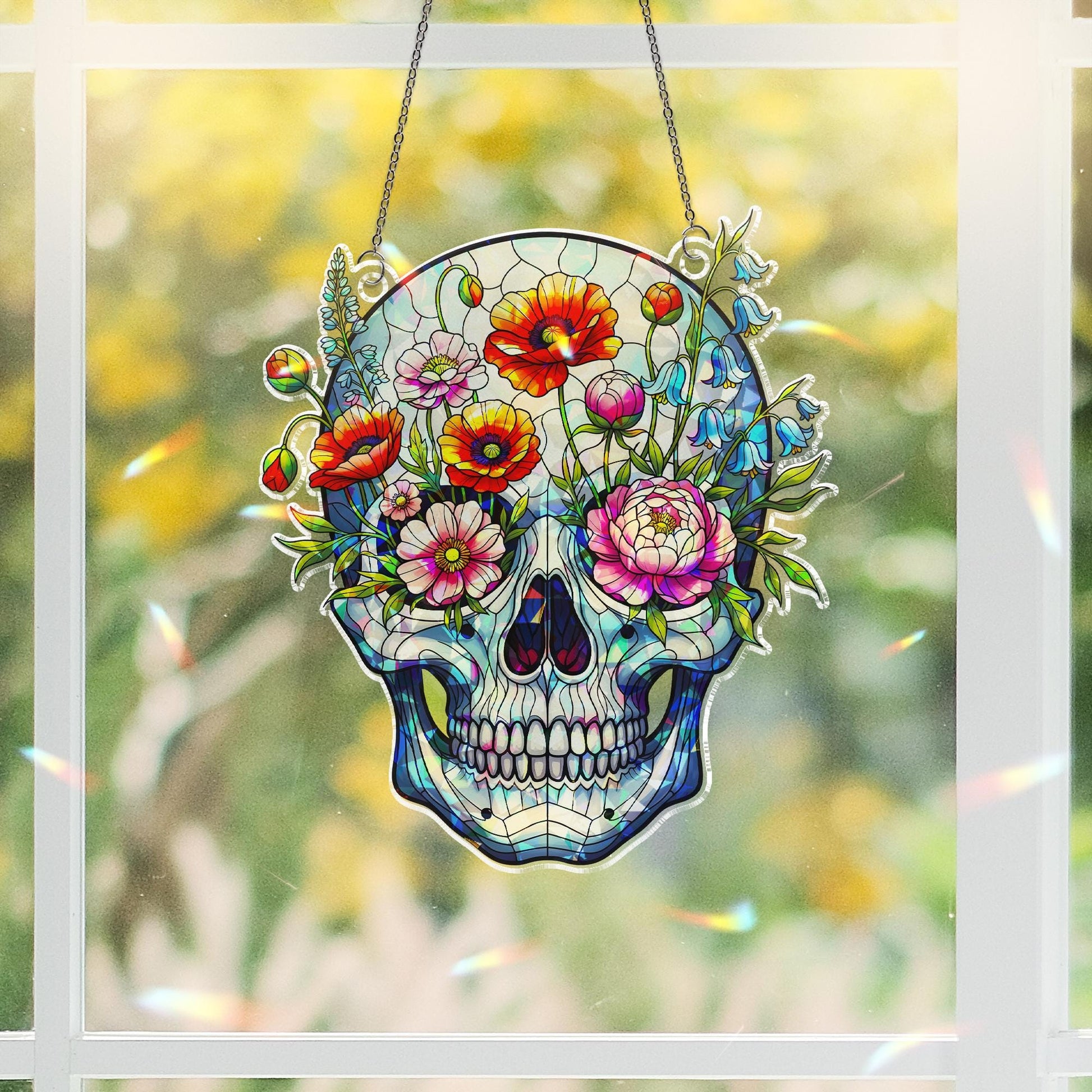 Floral Skull Acrylic Window Hanging, Holographic Gothic Home Decor, Boho Prism Wall Art, Unique Metaphysical Gift, Halloween Decor