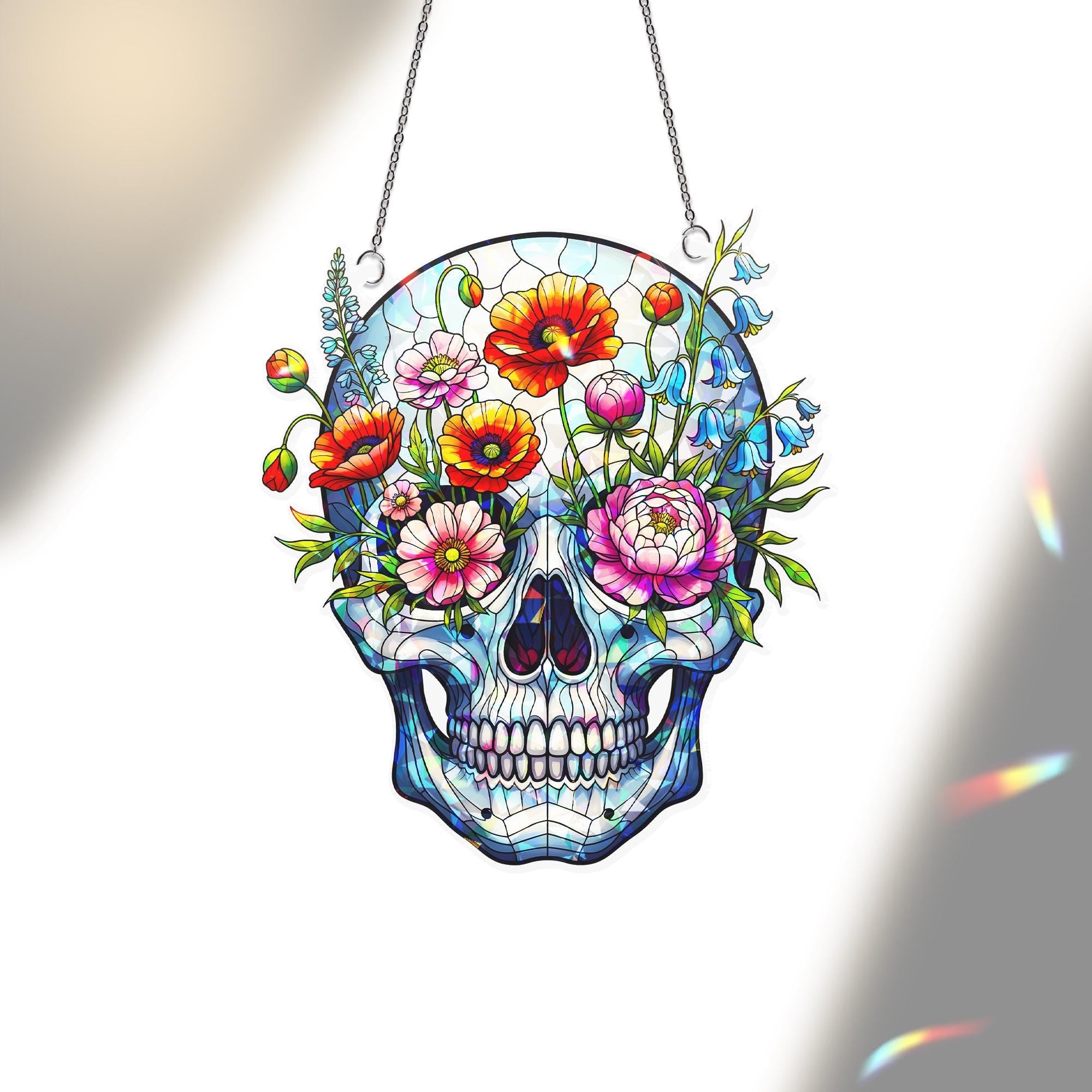 Floral Skull Acrylic Window Hanging, Holographic Gothic Home Decor, Boho Prism Wall Art, Unique Metaphysical Gift, Halloween Decor