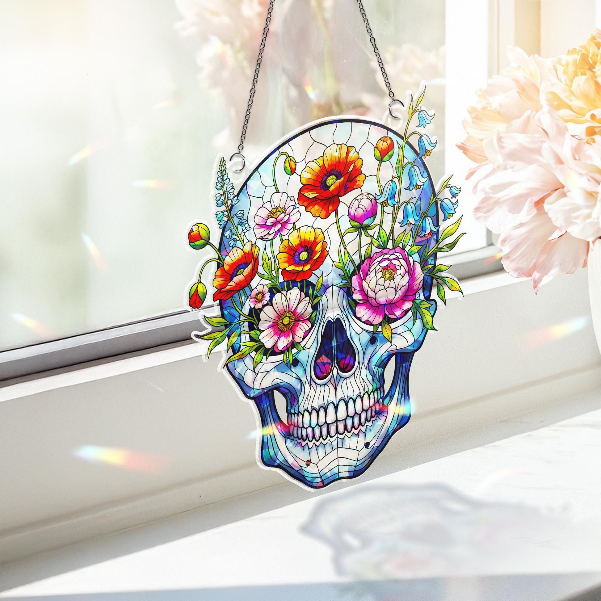 Floral Skull Acrylic Window Hanging, Holographic Gothic Home Decor, Boho Prism Wall Art, Unique Metaphysical Gift, Halloween Decor