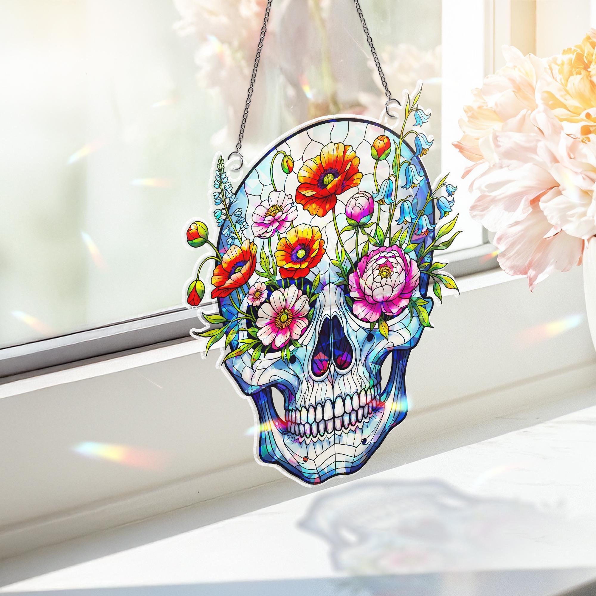Floral Skull Acrylic Window Hanging, Holographic Gothic Home Decor, Boho Prism Wall Art, Unique Metaphysical Gift, Halloween Decor