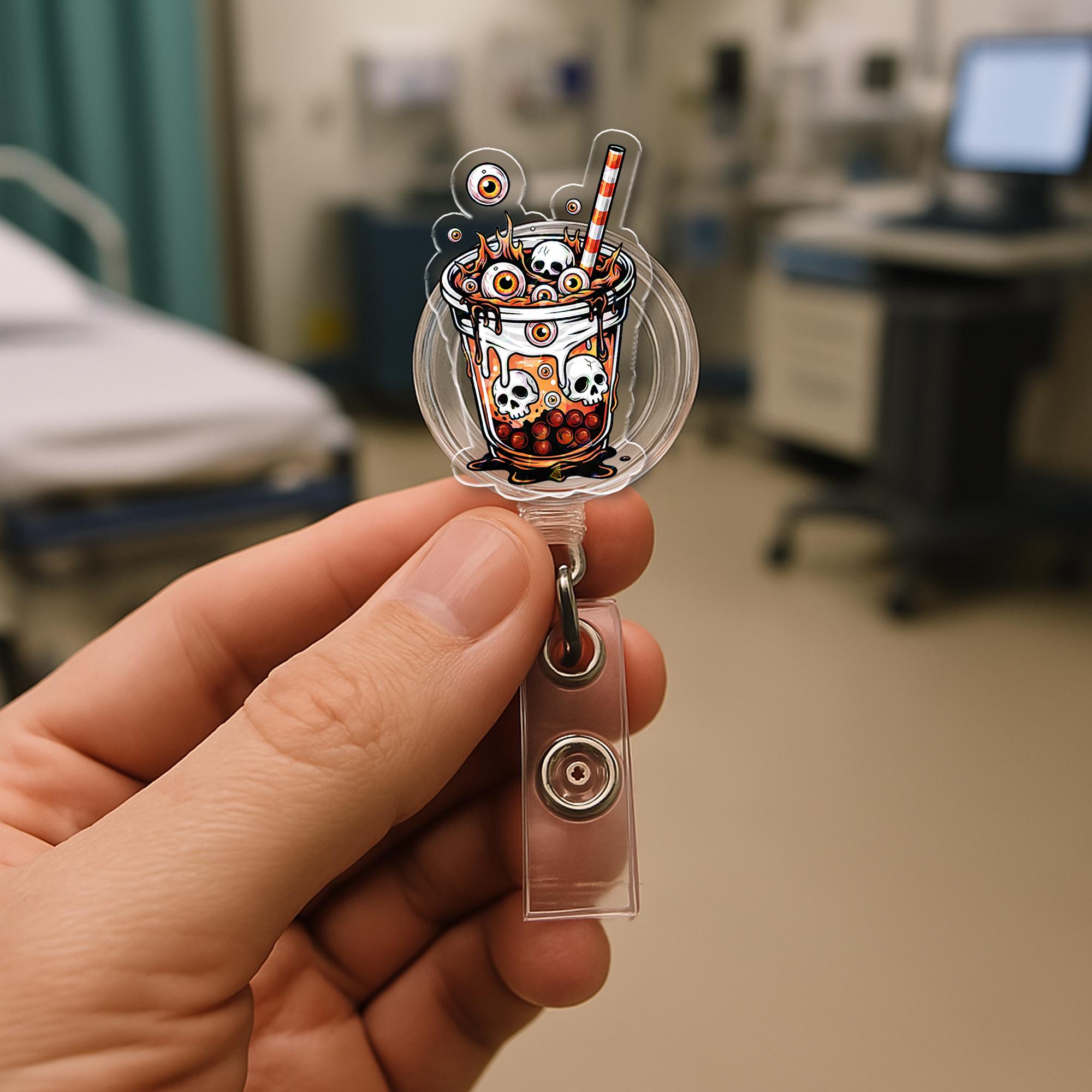Spooky Boba Tea Badge Reel, Skull Bubble Tea ID Holder, Creepy Eyeball Drink Lanyard, Halloween Nurse Gift, Retractable Badge for RN Teacher