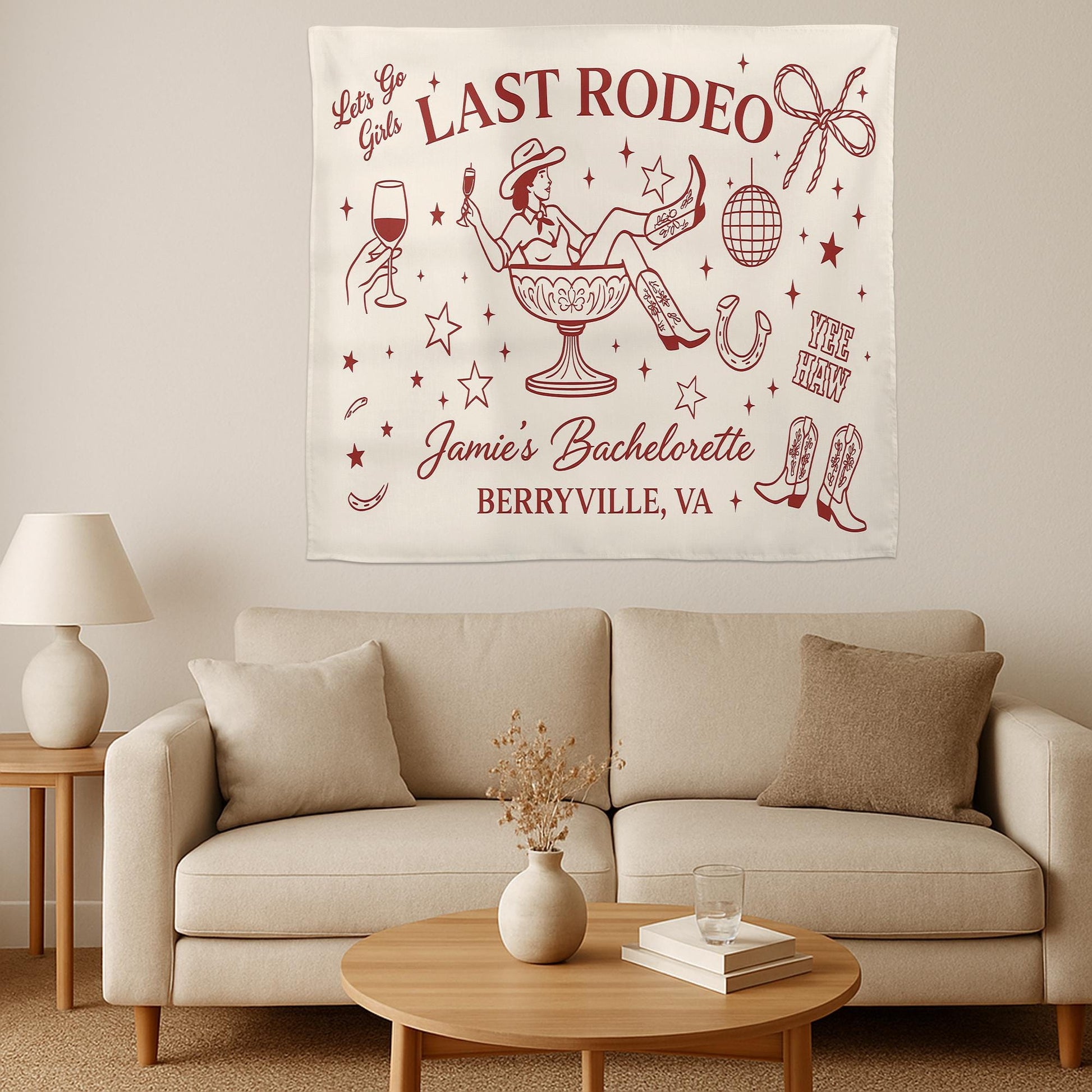 Custom Last Rodeo Bachelorette Tapestry, Western Party Banner for Bride, Personalized Cowgirl Decor for Girls Weekend Bash