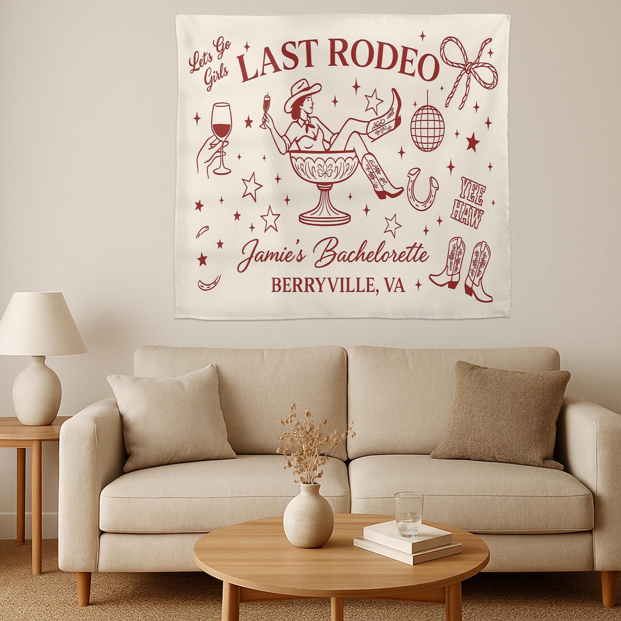 Custom Last Rodeo Bachelorette Tapestry, Western Party Banner for Bride, Personalized Cowgirl Decor for Girls Weekend Bash