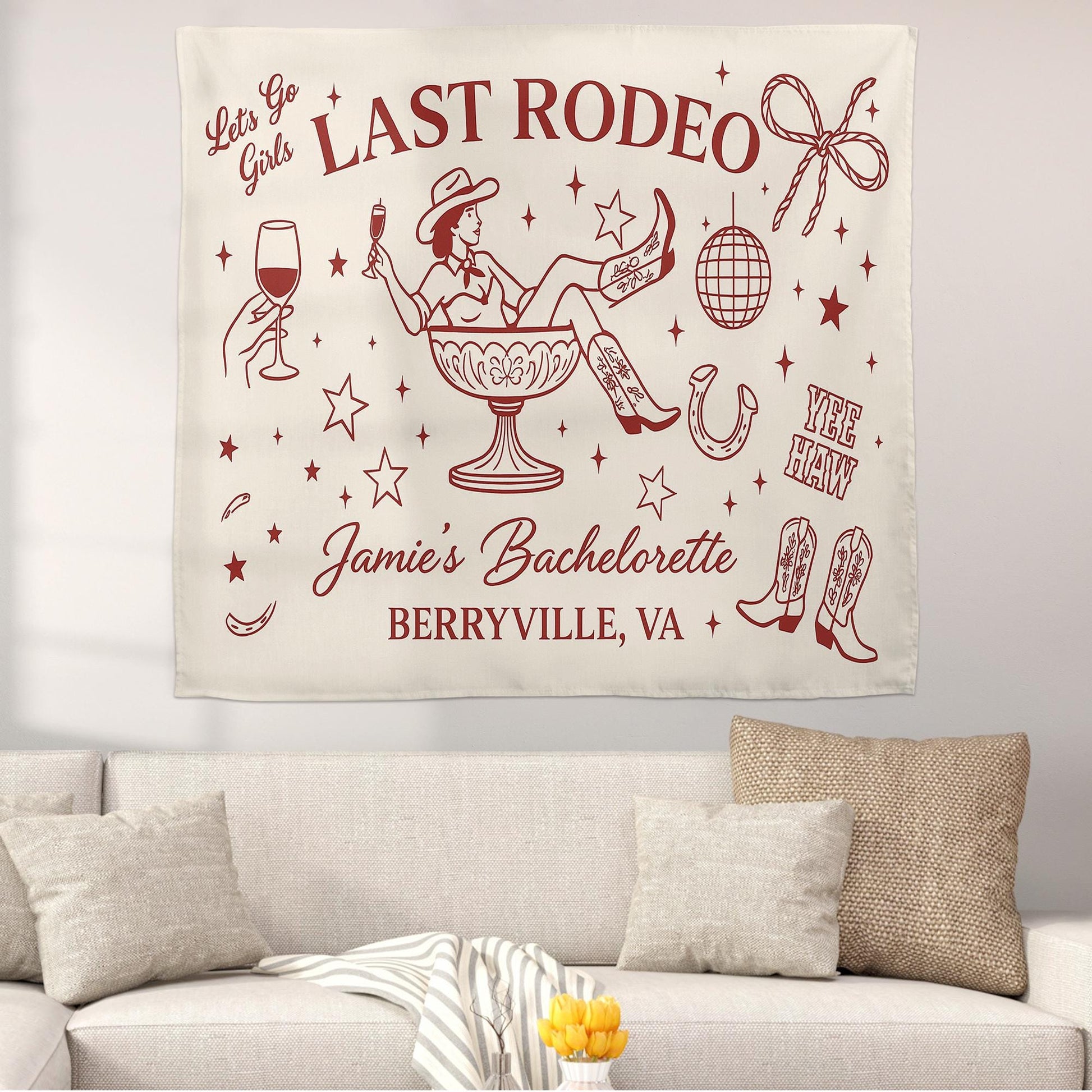 Custom Last Rodeo Bachelorette Tapestry, Western Party Banner for Bride, Personalized Cowgirl Decor for Girls Weekend Bash