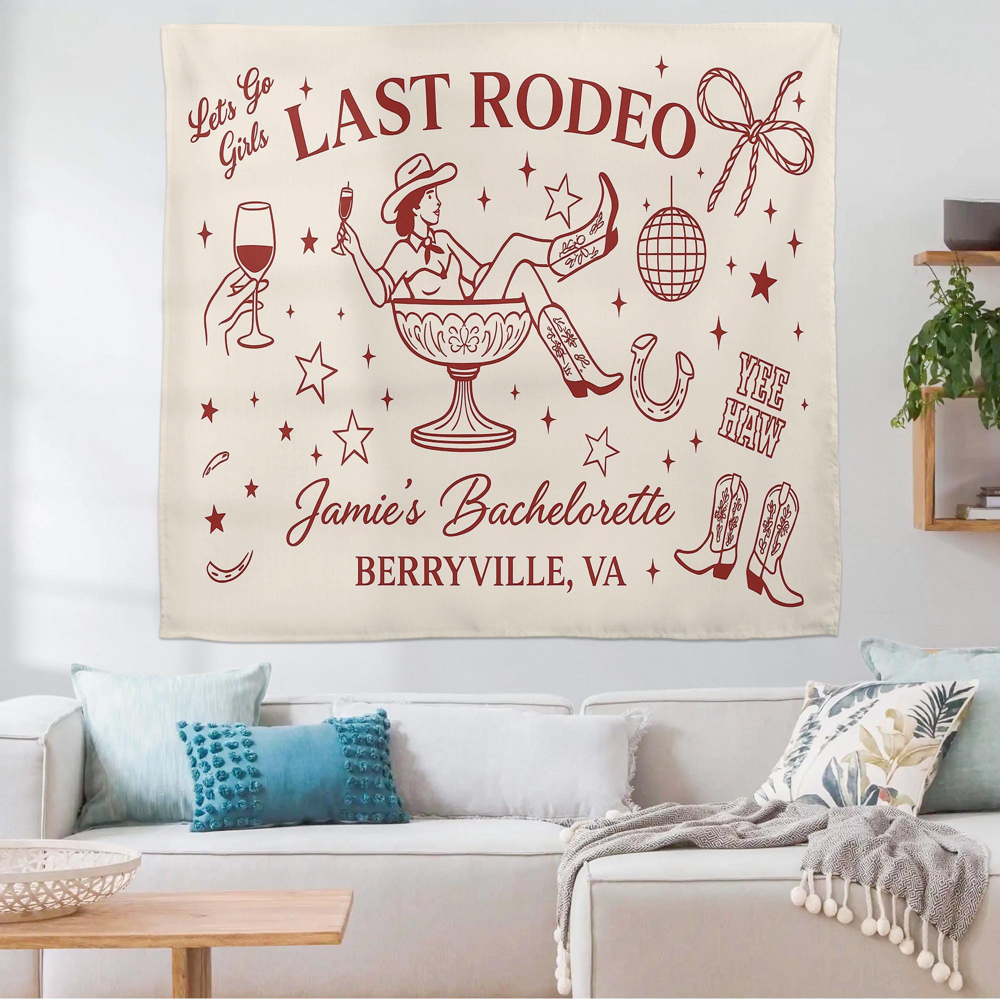 Custom Last Rodeo Bachelorette Tapestry, Western Party Banner for Bride, Personalized Cowgirl Decor for Girls Weekend Bash