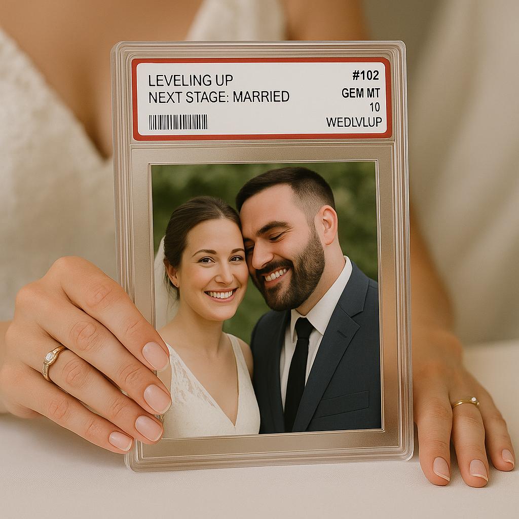 Custom Wedding Acrylic Block, “Leveling Up” Photo Gift, Personalized Married Couple Display, Geeky Husband Wife Decor