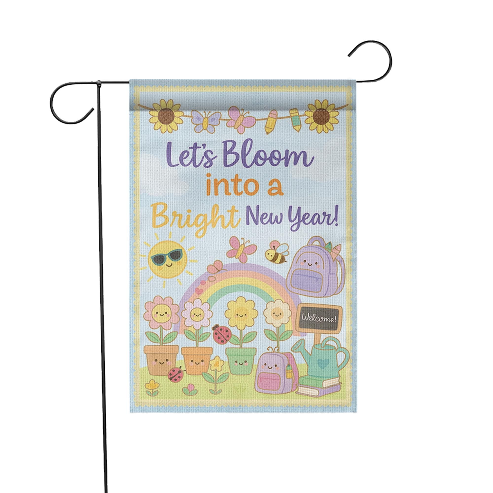 Let’s Bloom Into a Bright New Year Garden Flag, Cute Back to School Outdoor Banner, Teacher Yard Decor, Classroom Welcome Sign, School Decor