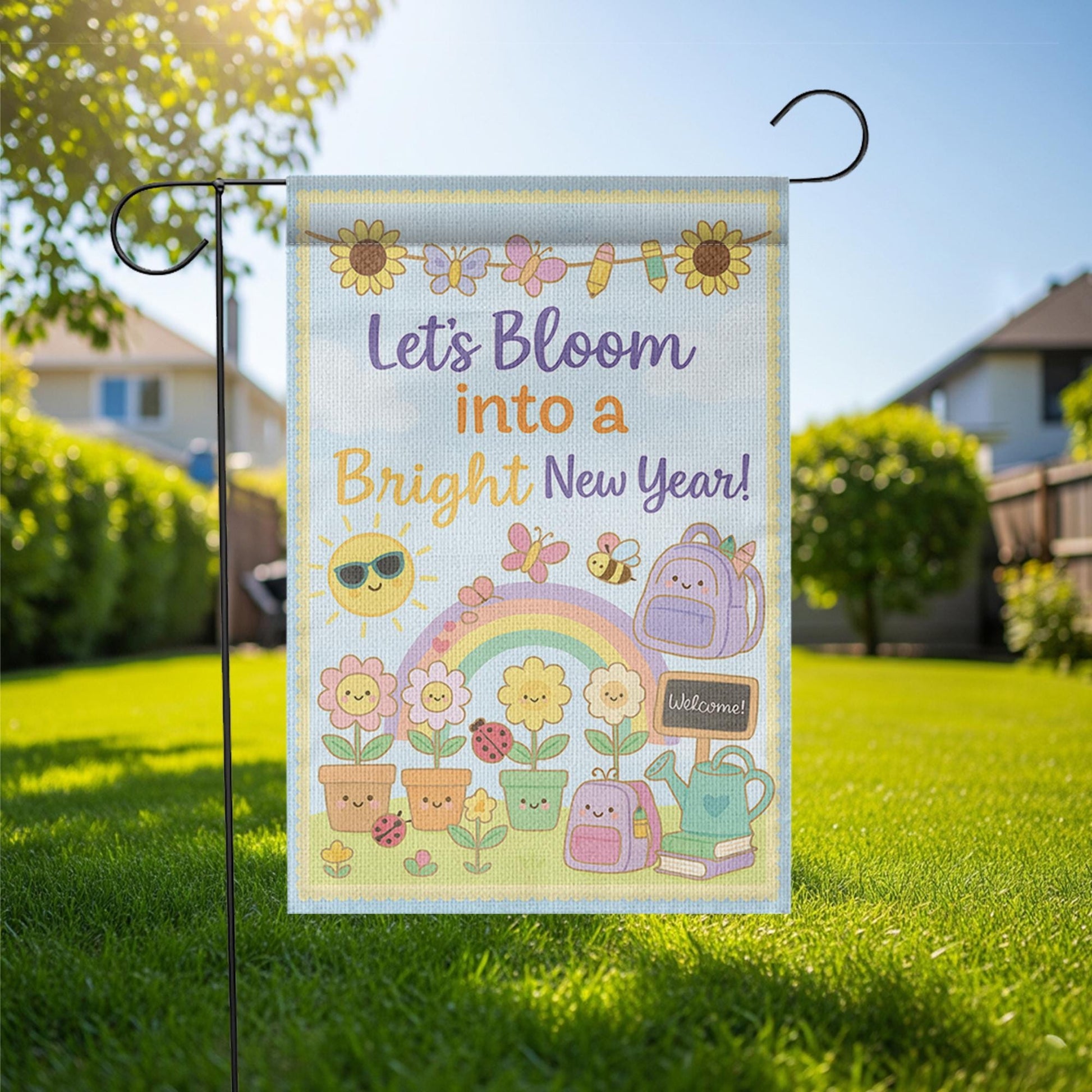 Let’s Bloom Into a Bright New Year Garden Flag, Cute Back to School Outdoor Banner, Teacher Yard Decor, Classroom Welcome Sign, School Decor