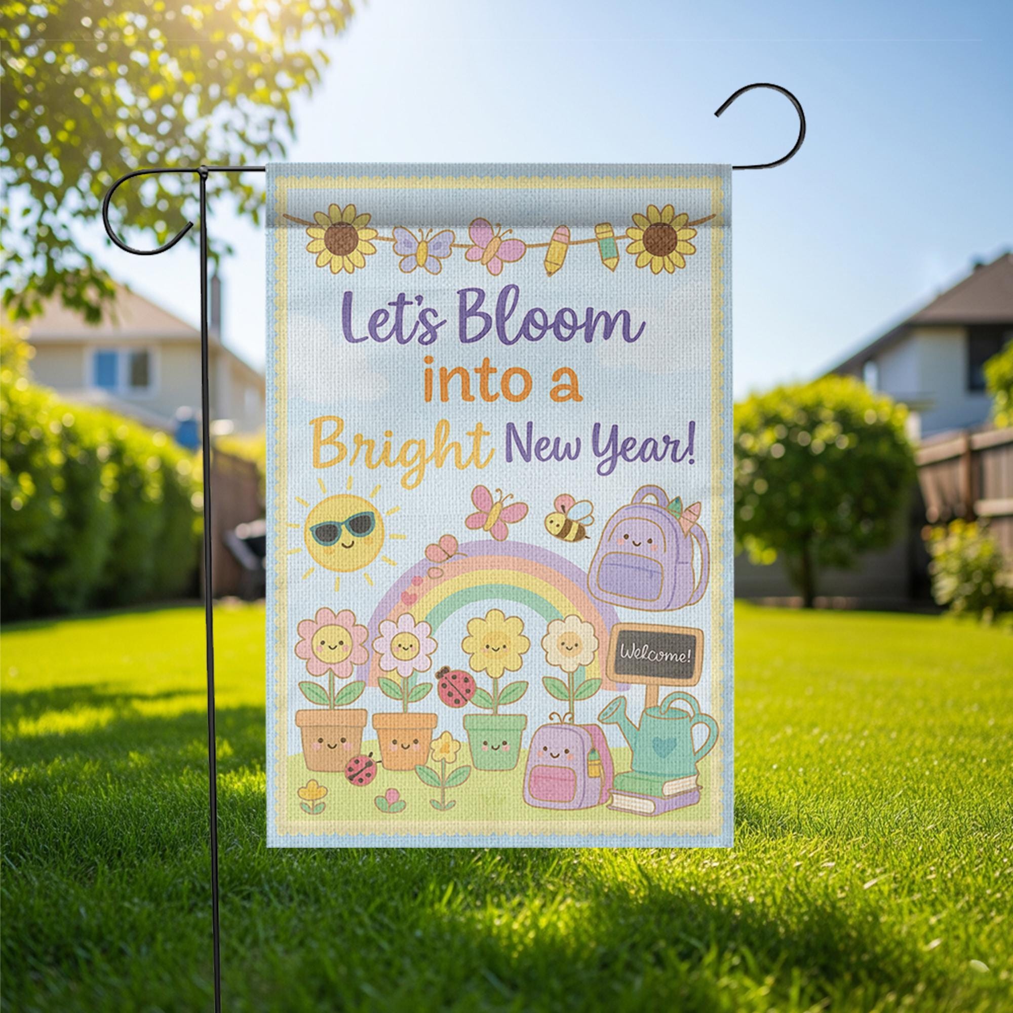 Let’s Bloom Into a Bright New Year Garden Flag, Cute Back to School Outdoor Banner, Teacher Yard Decor, Classroom Welcome Sign, School Decor