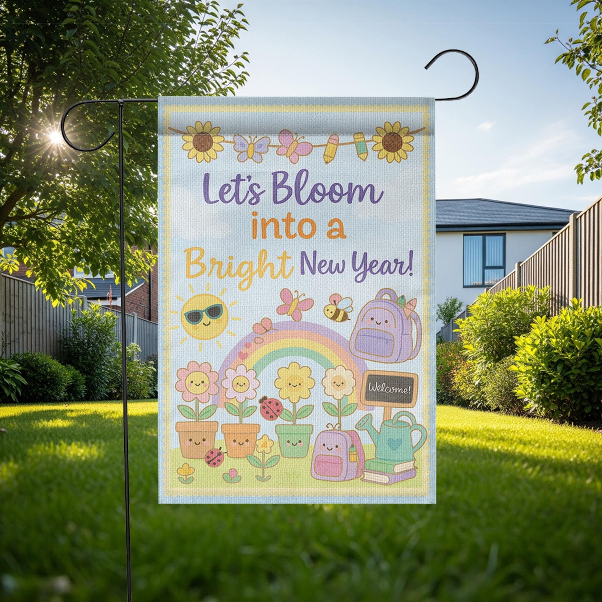 Let’s Bloom Into a Bright New Year Garden Flag, Cute Back to School Outdoor Banner, Teacher Yard Decor, Classroom Welcome Sign, School Decor
