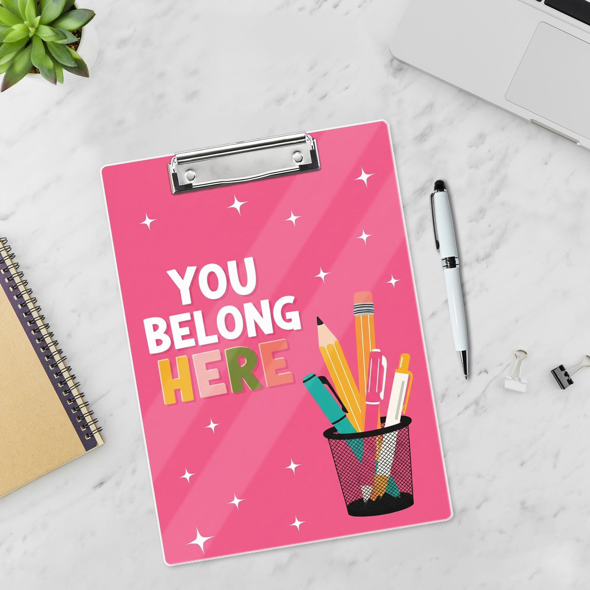 You Belong Here Clipboard – Cute Teacher Classroom Clipboard, Back to School Gift, Pink Motivational Student or Office Desk Accessory, Staff