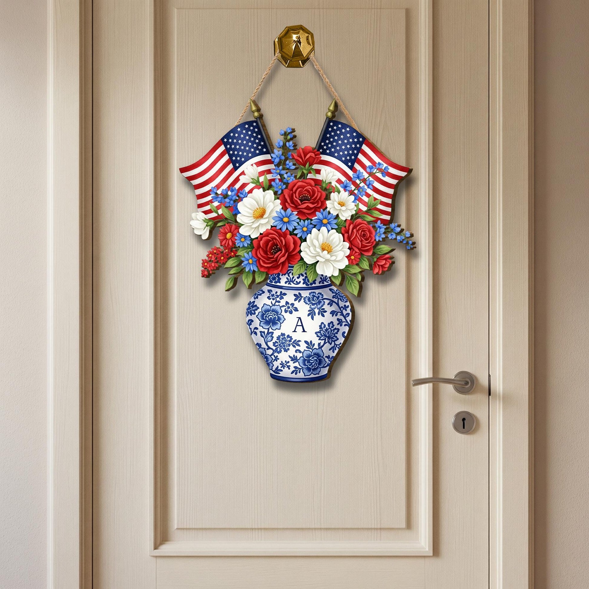 Patriotic Door Sign, 4th of July Floral Wall Hanging, Wooden USA Decor, Red White Blue Vase Sign, American Flag Door Decor, 4th July Gift